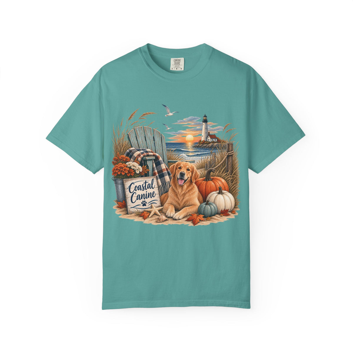 Coastal Canine Fall T-Shirt — Lighthouse, Labrador & Pumpkin Beach Tee