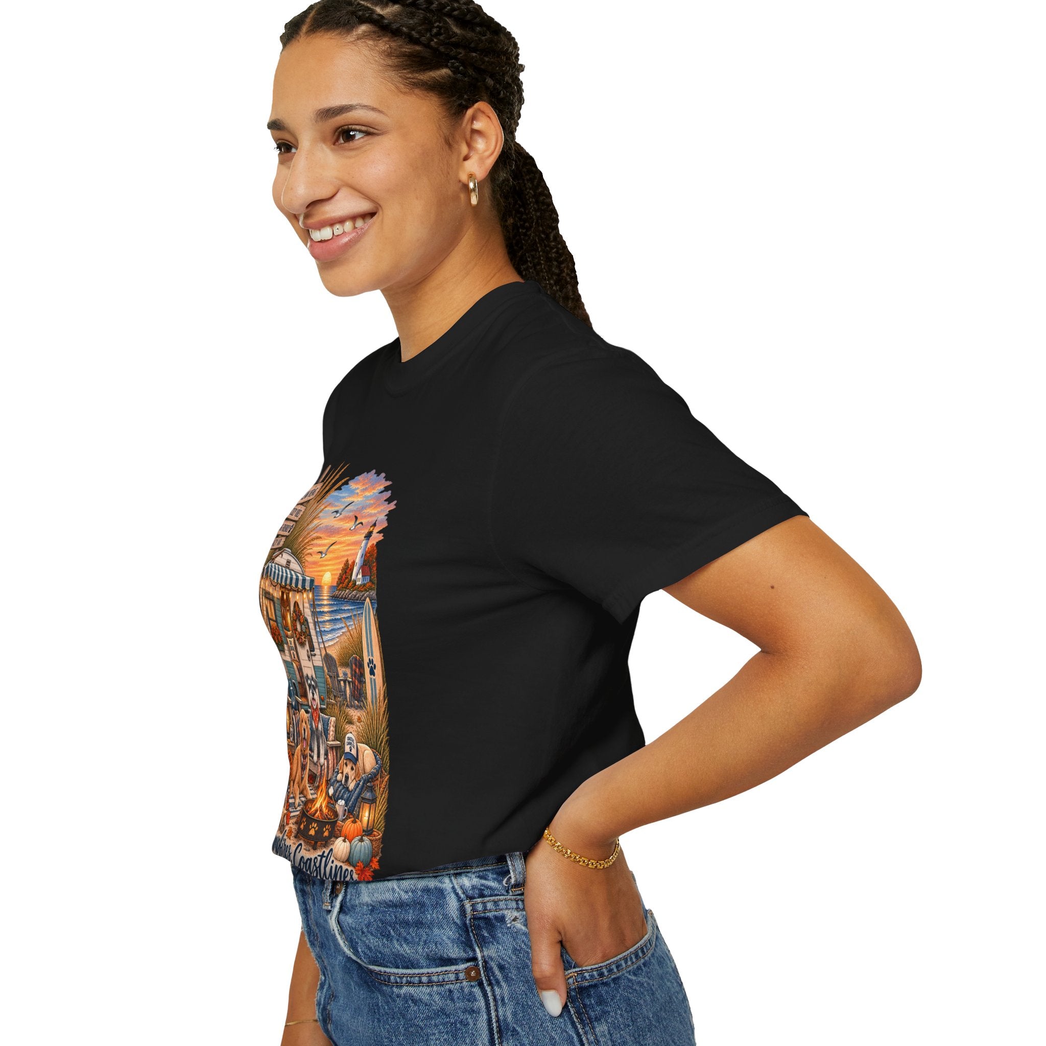 Campfires, Coastlines & Canines T-Shirt — Retro Camper Dog Camping Graphic Tee
