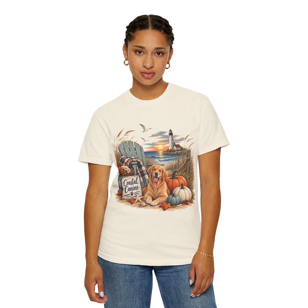 Coastal Canine Fall T-Shirt — Lighthouse, Labrador & Pumpkin Beach Tee