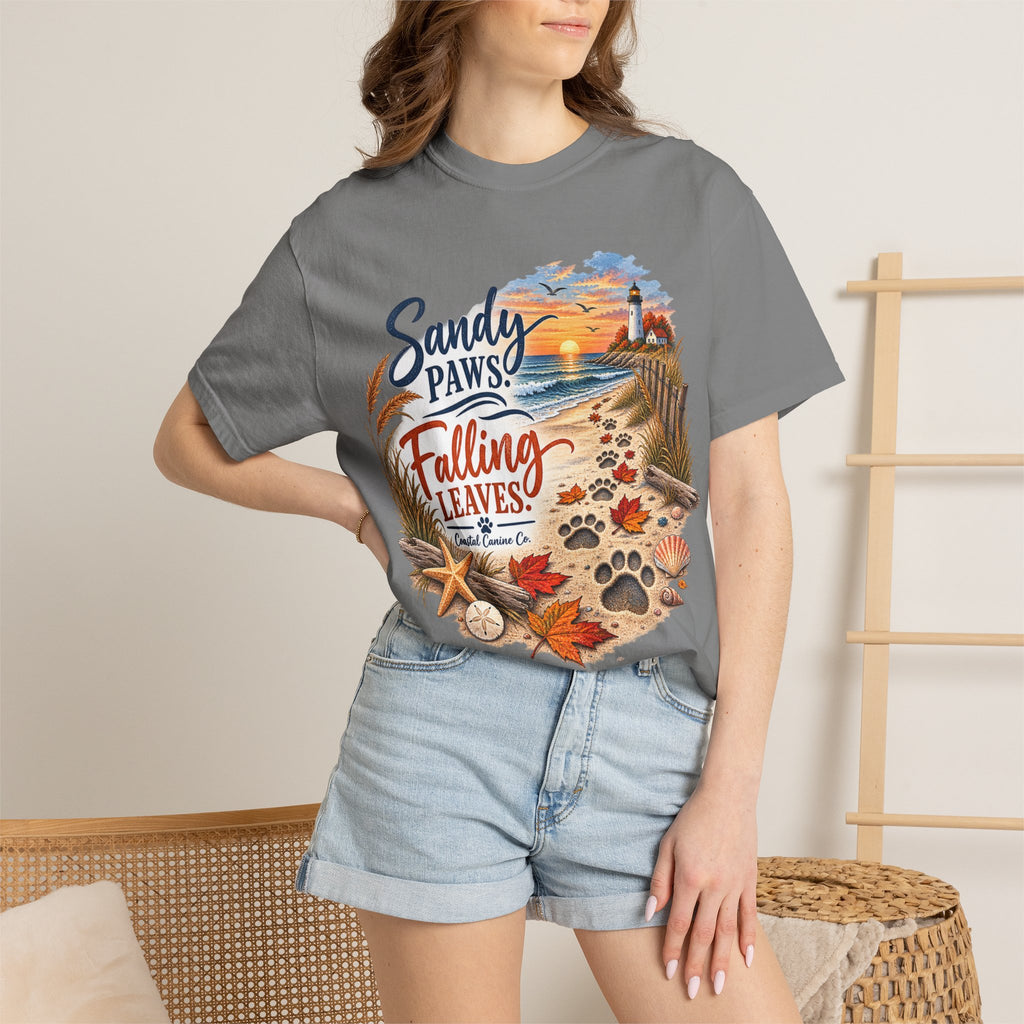 Sandy Paws Falling Leaves Beach T-Shirt — Autumn Coastal Dog Lover Tee