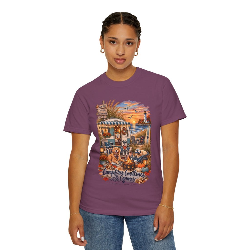 Campfires, Coastlines & Canines T-Shirt — Retro Camper Dog Camping Graphic Tee