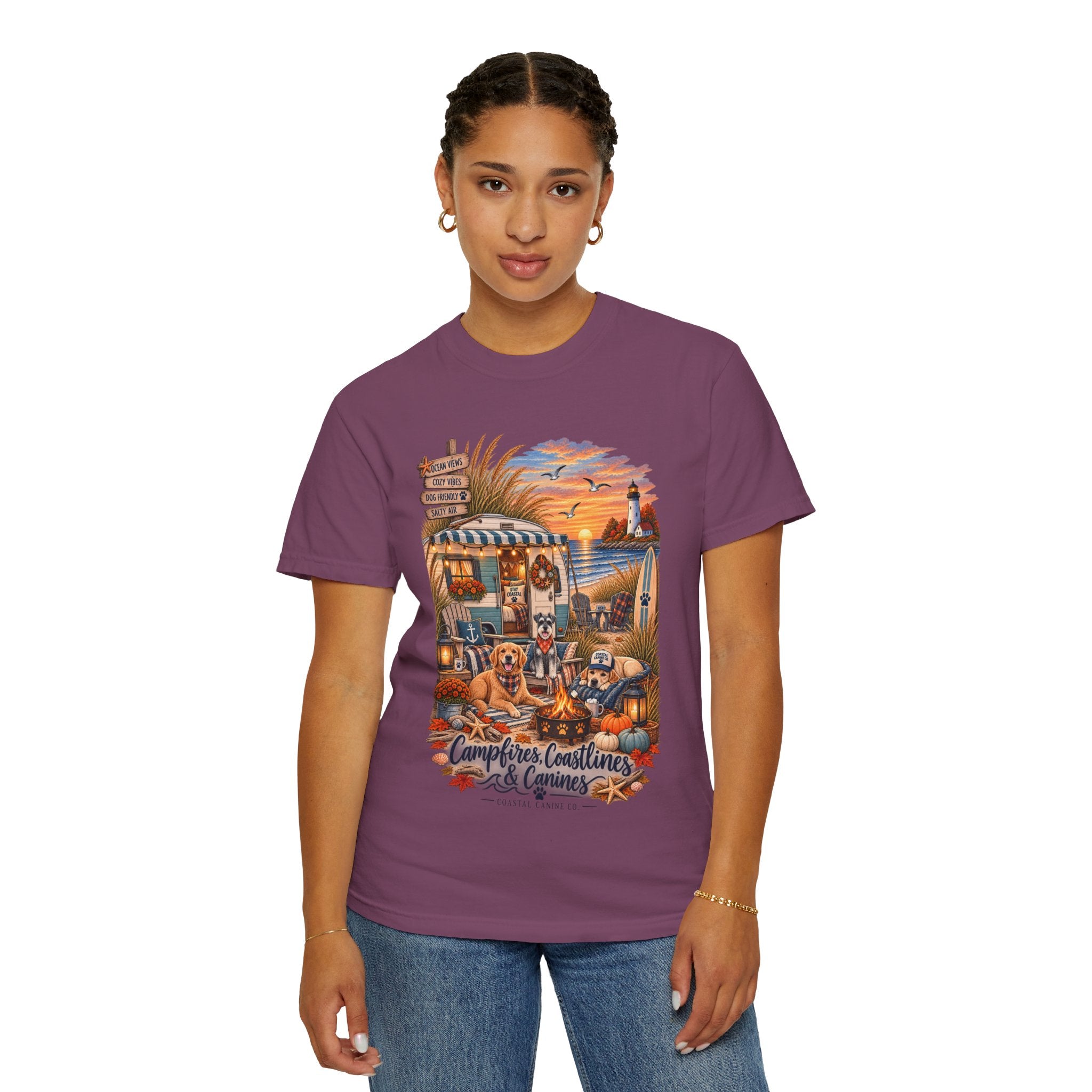 Campfires, Coastlines & Canines T-Shirt — Retro Camper Dog Camping Graphic Tee