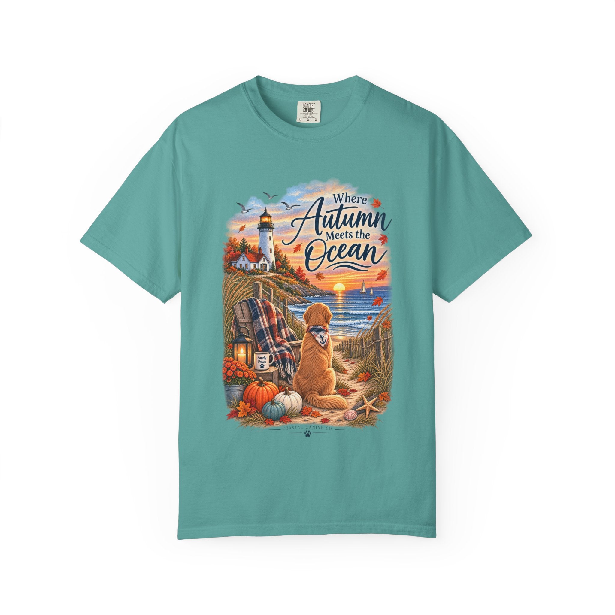 Autumn Meets the Ocean T-Shirt — Cozy Coastal Fall Tee with Golden Retriever