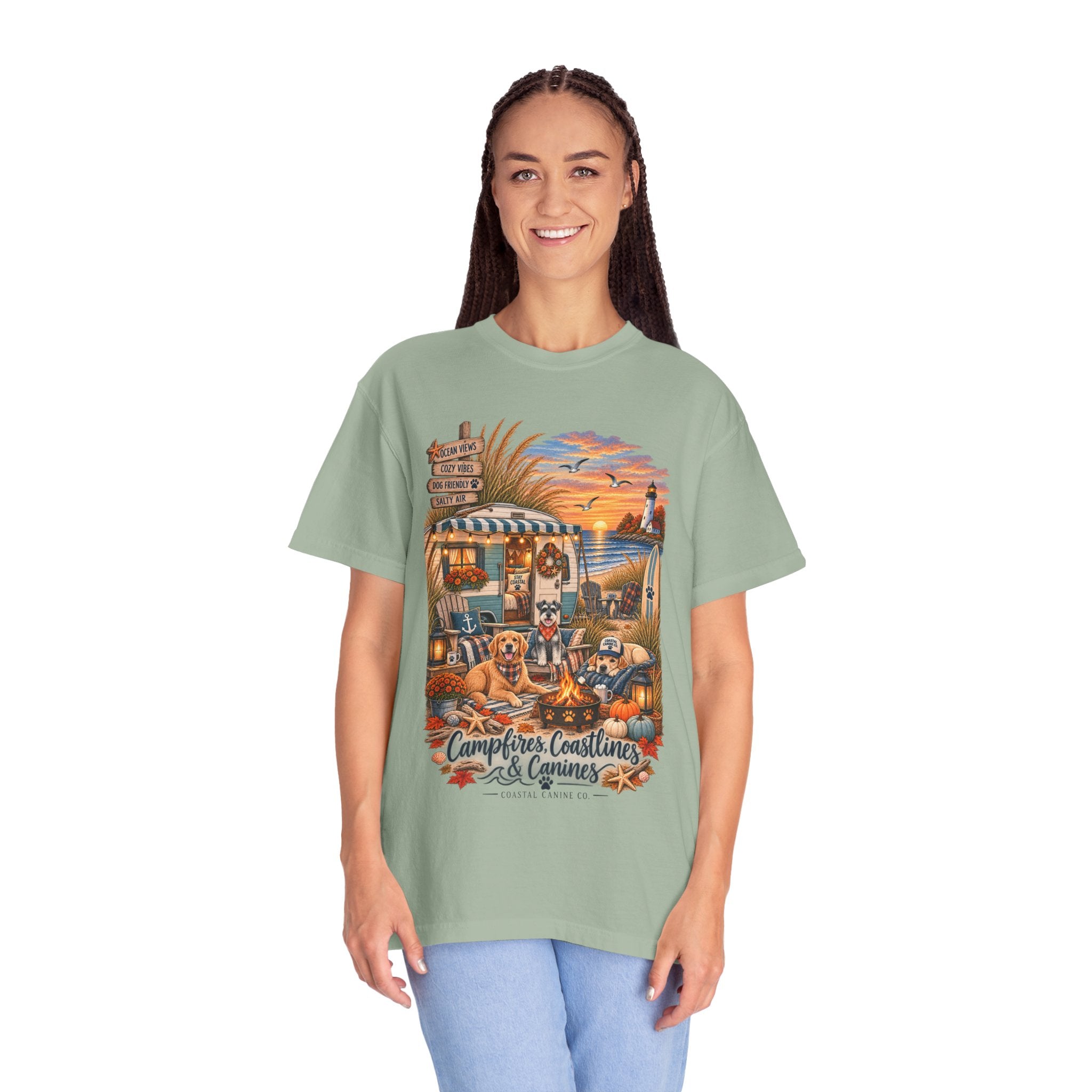 Campfires, Coastlines & Canines T-Shirt — Retro Camper Dog Camping Graphic Tee