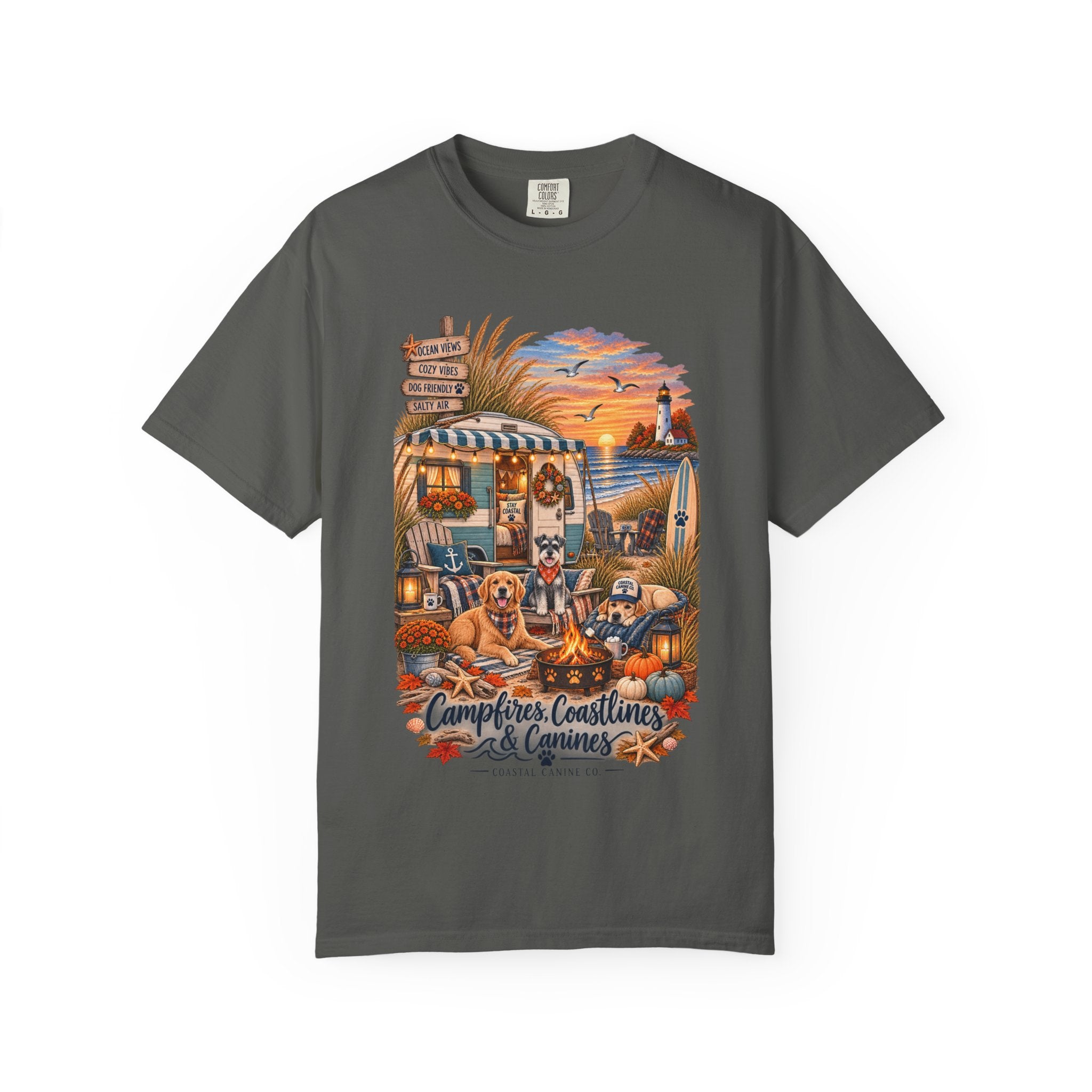 Campfires, Coastlines & Canines T-Shirt — Retro Camper Dog Camping Graphic Tee