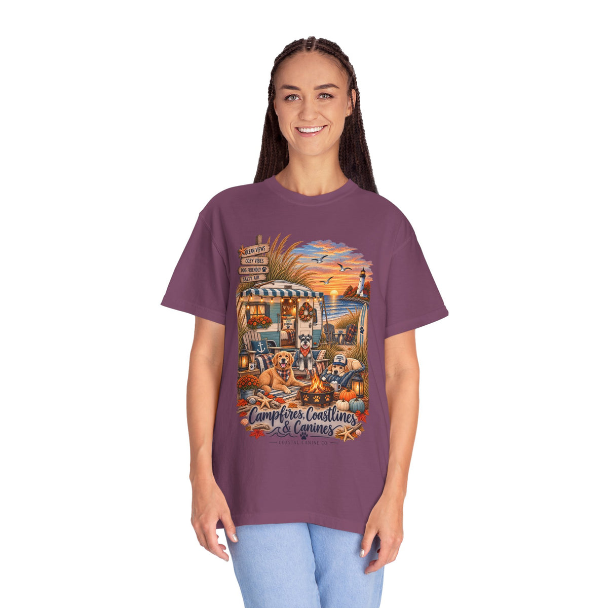 Campfires, Coastlines & Canines T-Shirt — Retro Camper Dog Camping Graphic Tee