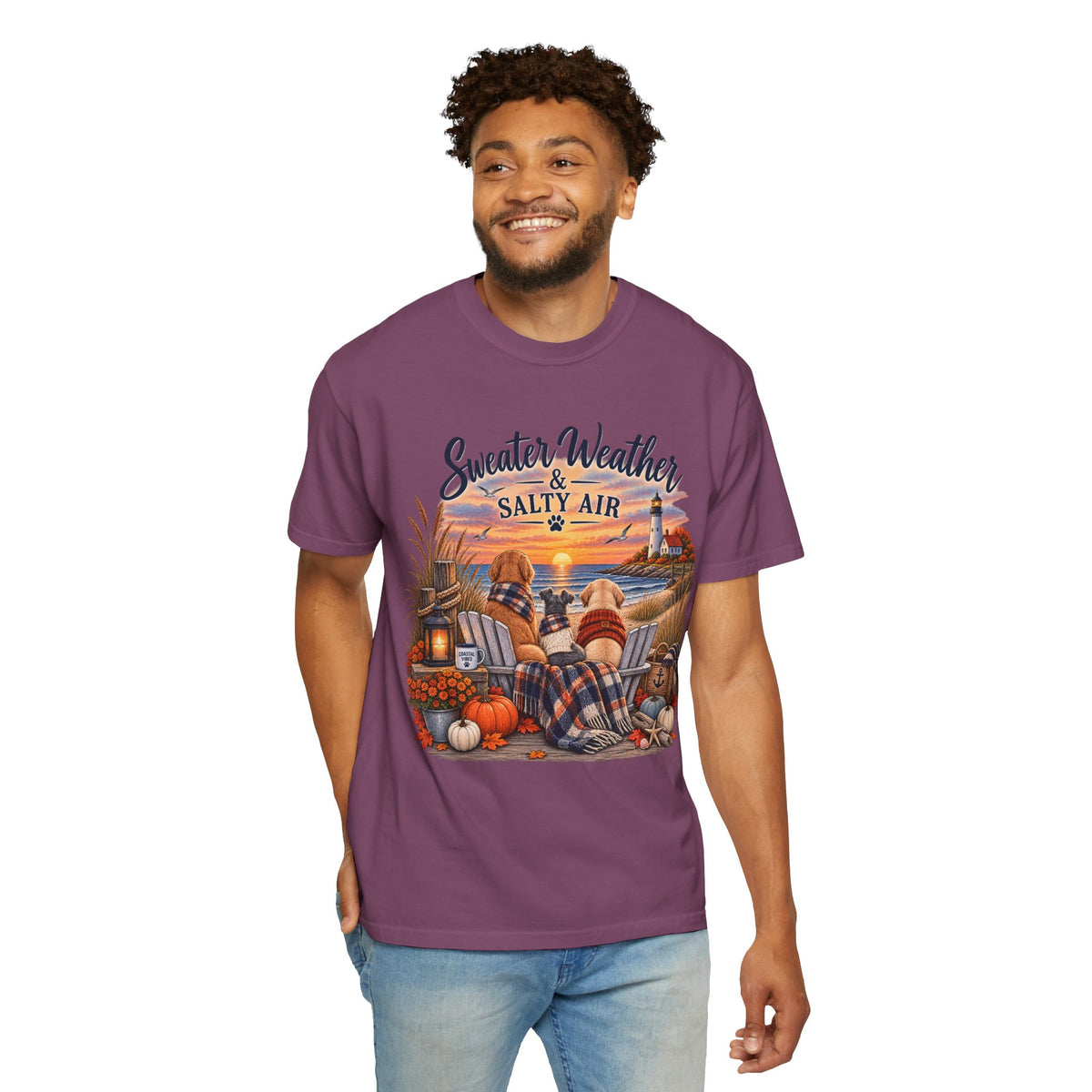 Sweater Weather & Salty Air T-Shirt — Autumn Beach Sunset Graphic Tee