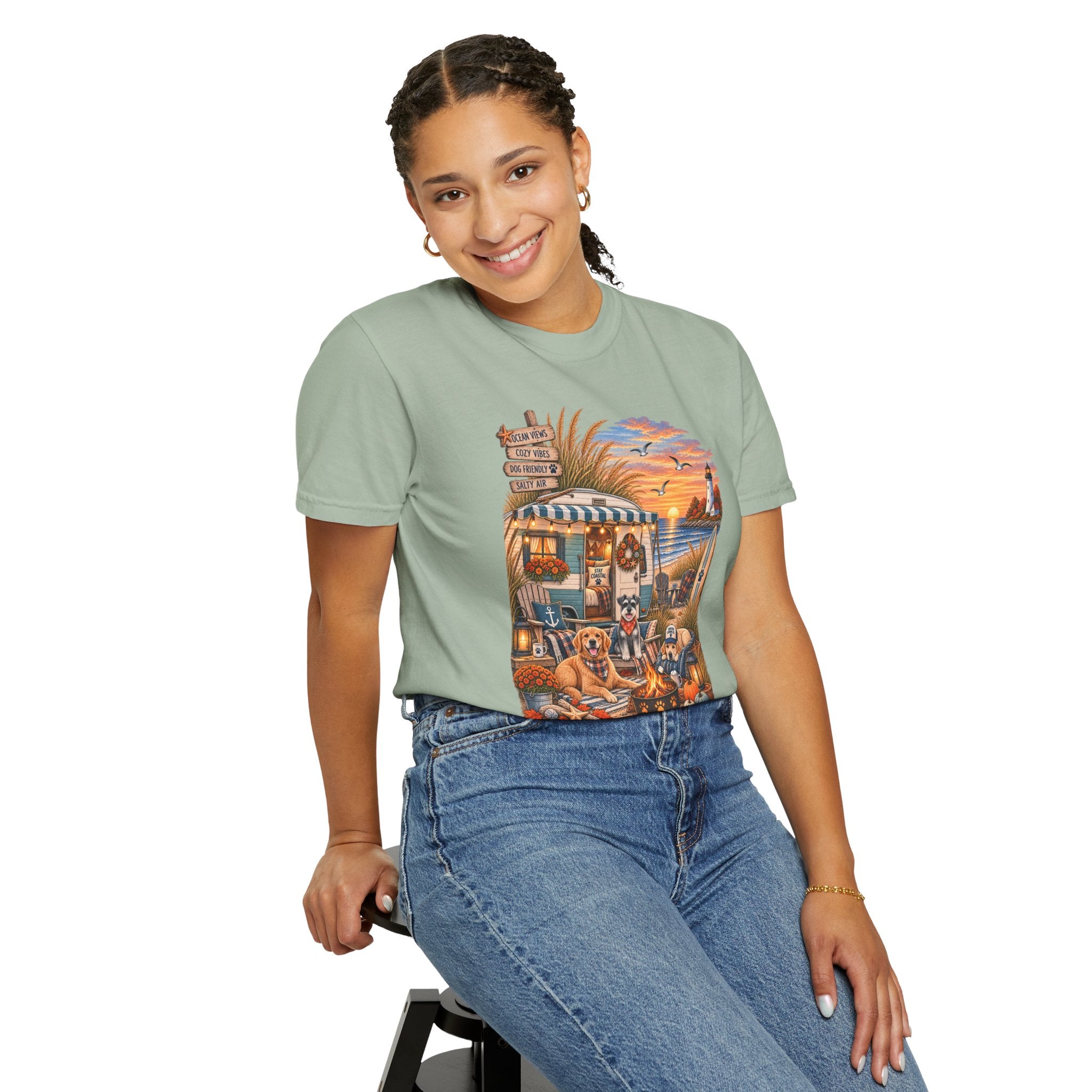 Campfires, Coastlines & Canines T-Shirt — Retro Camper Dog Camping Graphic Tee