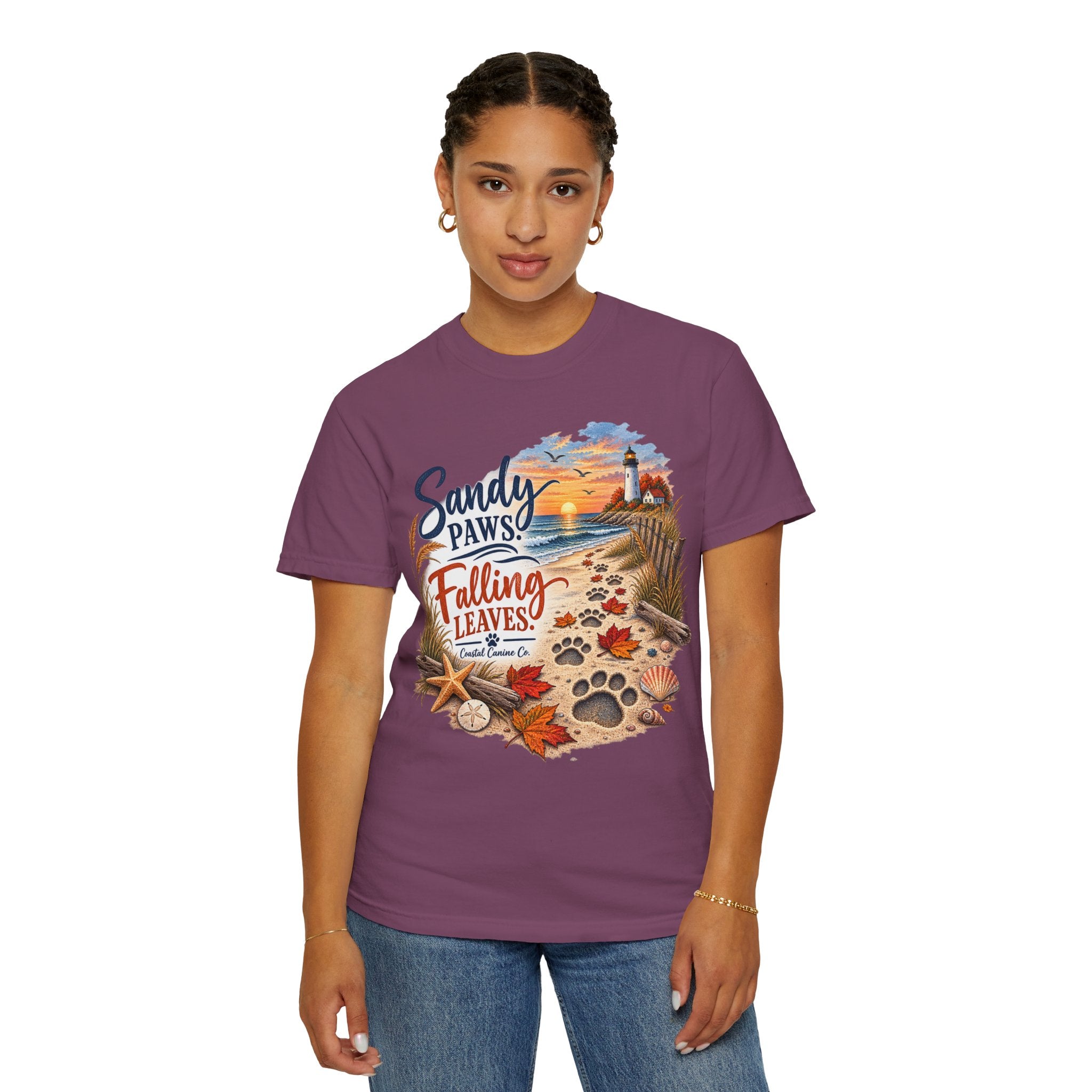 Sandy Paws Falling Leaves Beach T-Shirt — Autumn Coastal Dog Lover Tee