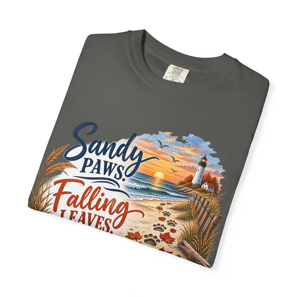 Sandy Paws Falling Leaves Beach T-Shirt — Autumn Coastal Dog Lover Tee