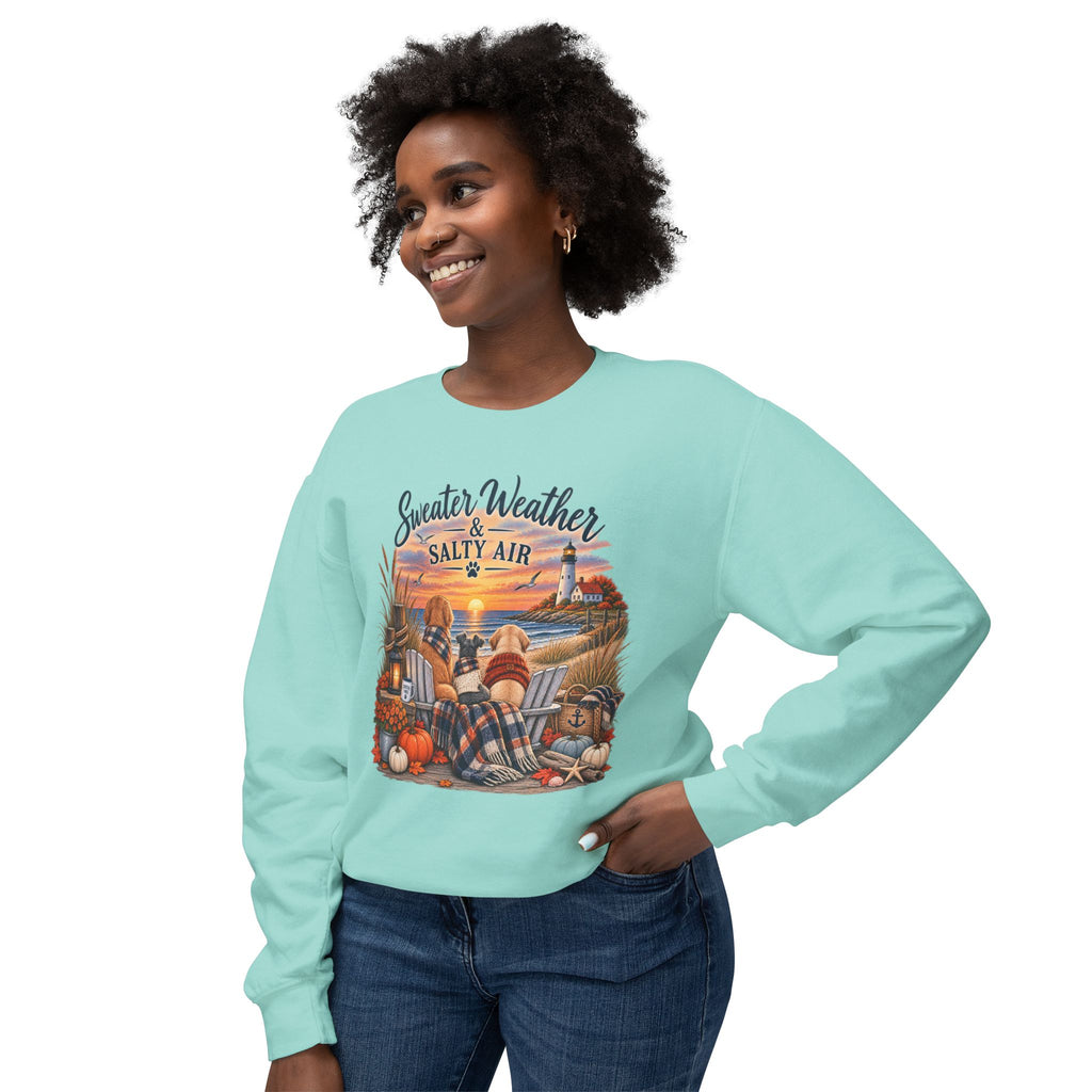 Sweater Weather & Salty Air Crewneck Sweatshirt — Coastal Fall Sunset Design