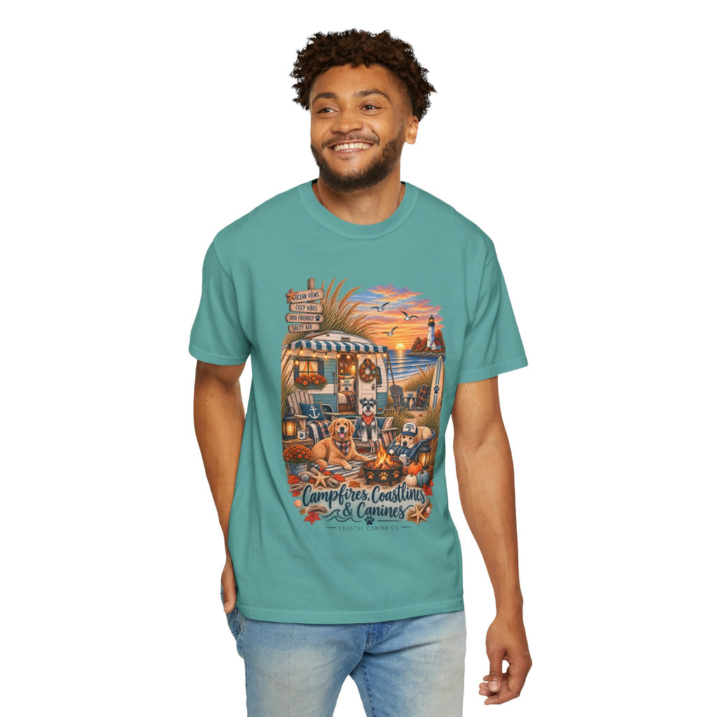 Campfires, Coastlines & Canines T-Shirt — Retro Camper Dog Camping Graphic Tee