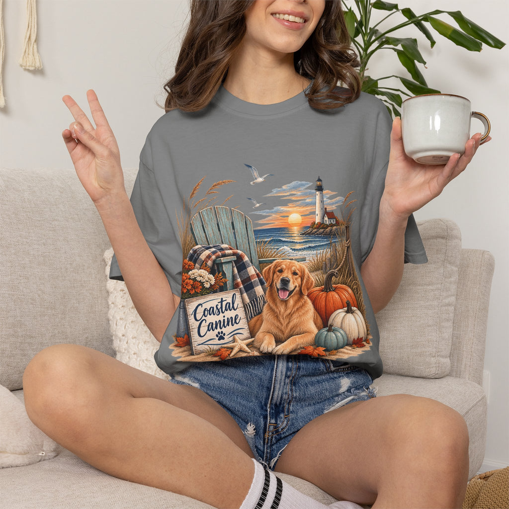 Coastal Canine Fall T-Shirt — Lighthouse, Labrador & Pumpkin Beach Tee