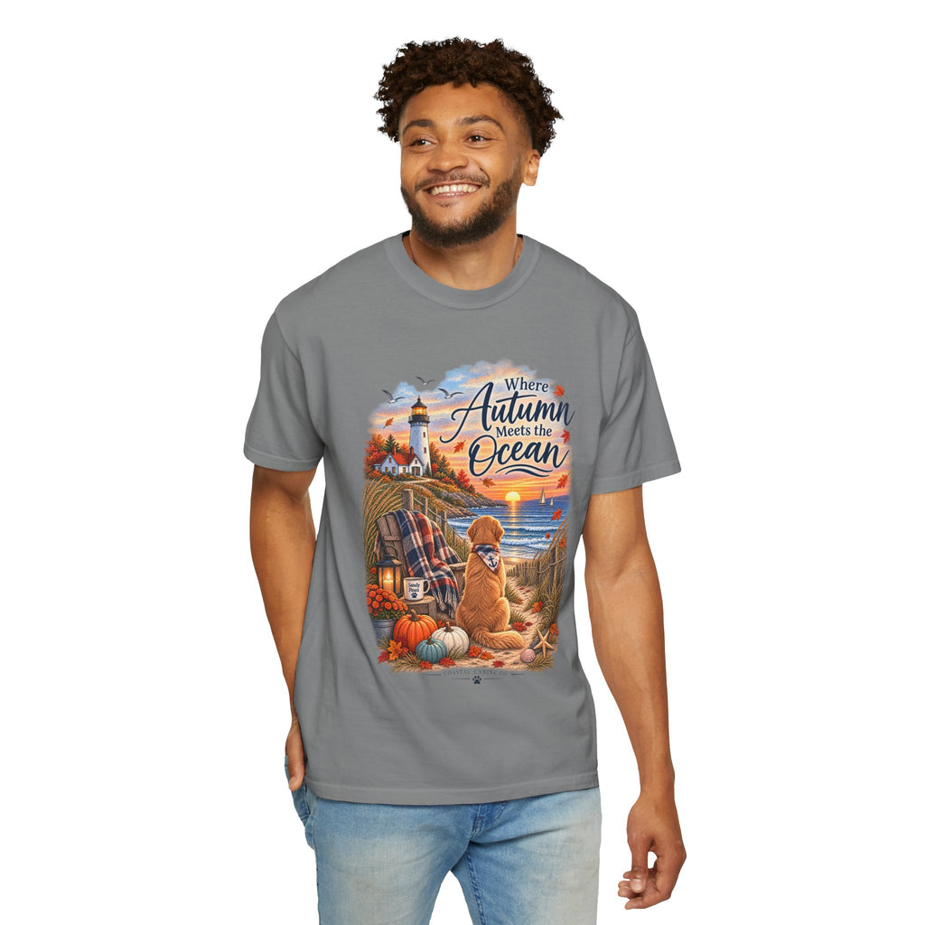 Autumn Meets the Ocean T-Shirt — Cozy Coastal Fall Tee with Golden Retriever