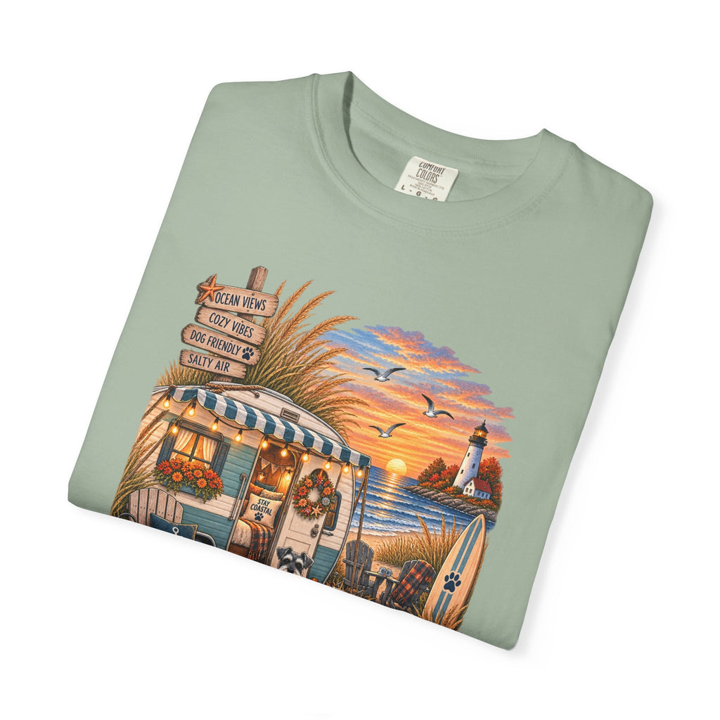 Campfires, Coastlines & Canines T-Shirt — Retro Camper Dog Camping Graphic Tee