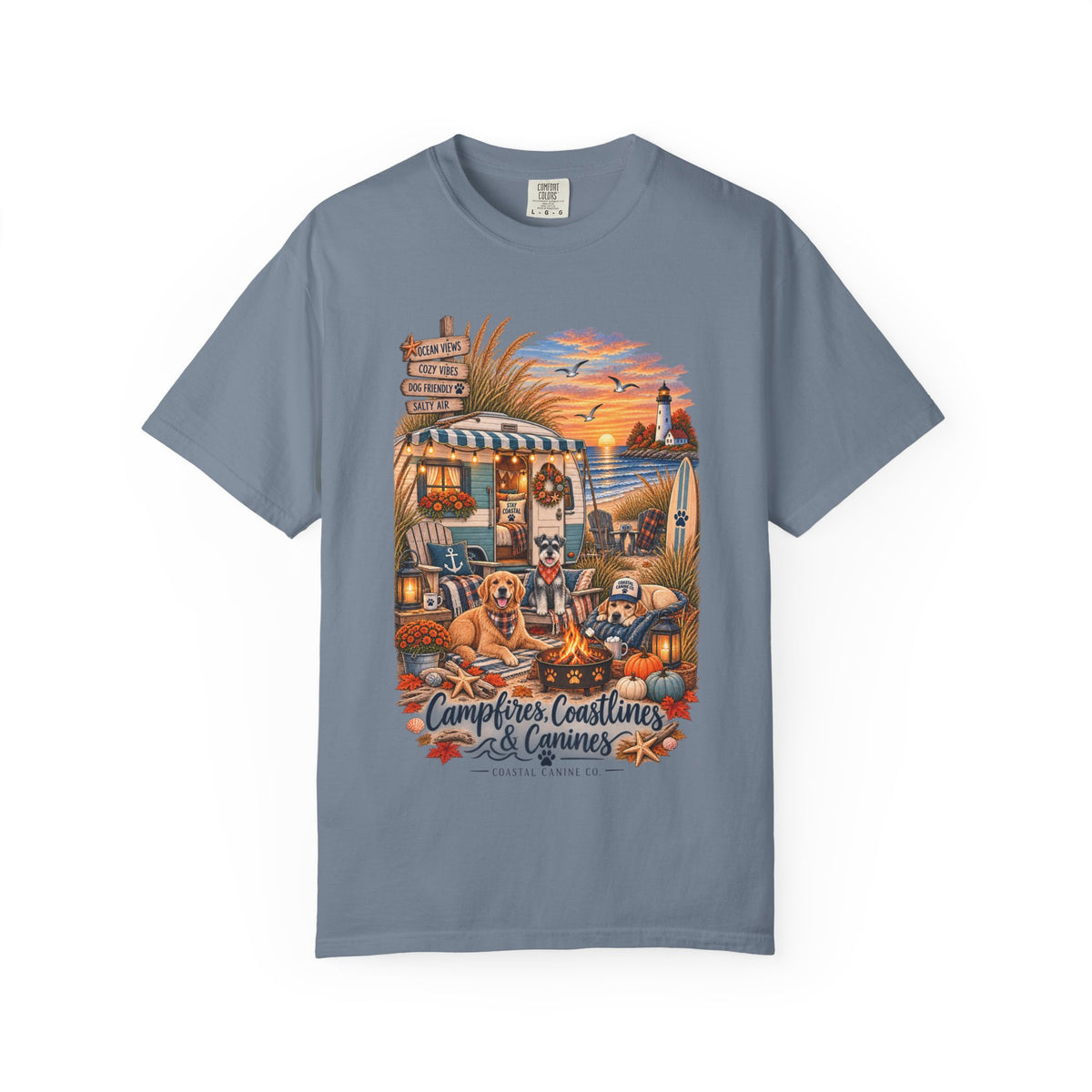Campfires, Coastlines & Canines T-Shirt — Retro Camper Dog Camping Graphic Tee