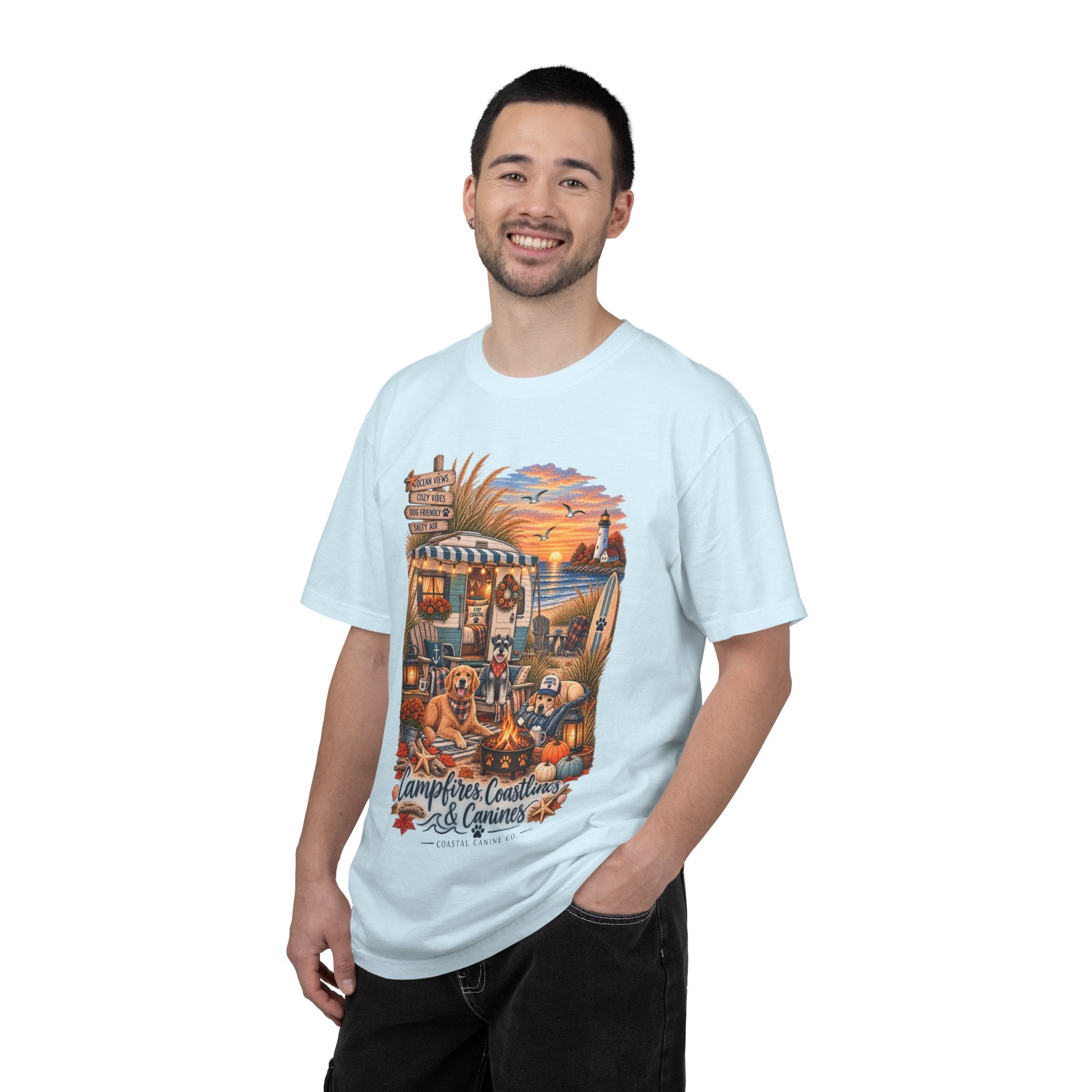 Campfires, Coastlines & Canines T-Shirt — Retro Camper Dog Camping Graphic Tee