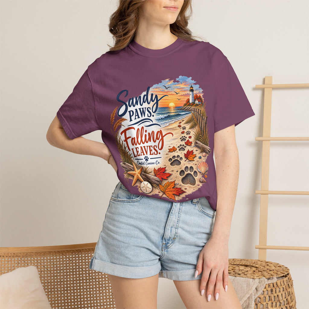 Sandy Paws Falling Leaves Beach T-Shirt — Autumn Coastal Dog Lover Tee