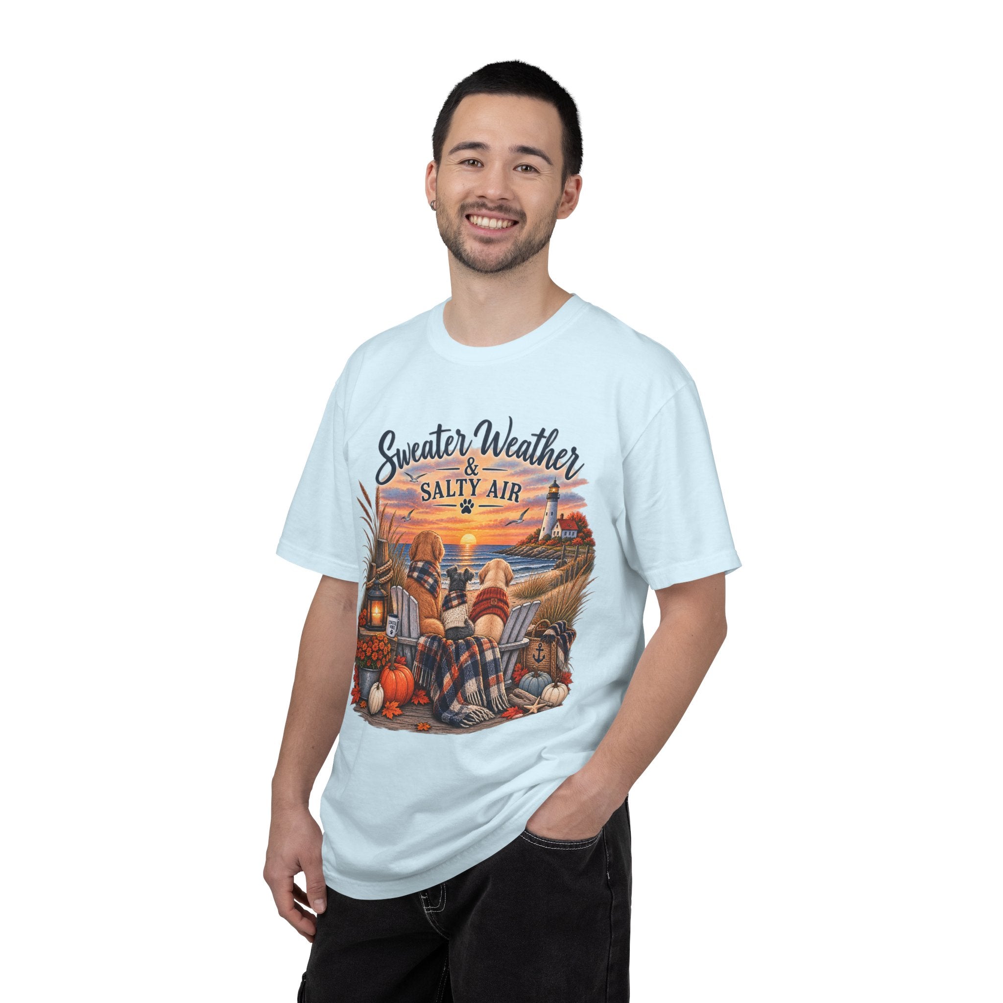 Sweater Weather & Salty Air T-Shirt — Autumn Beach Sunset Graphic Tee