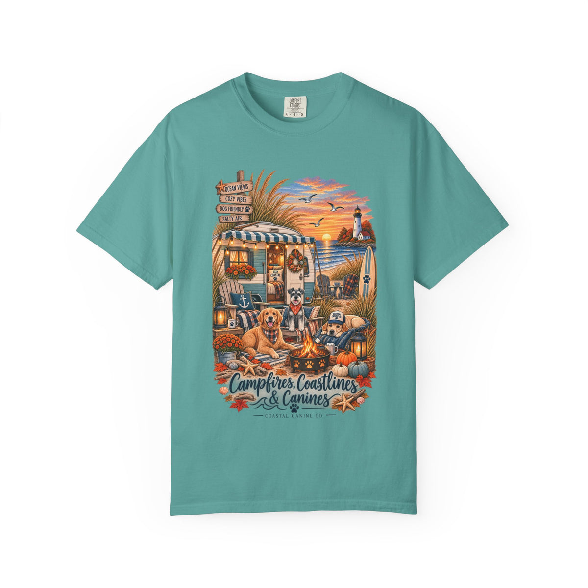 Campfires, Coastlines & Canines T-Shirt — Retro Camper Dog Camping Graphic Tee