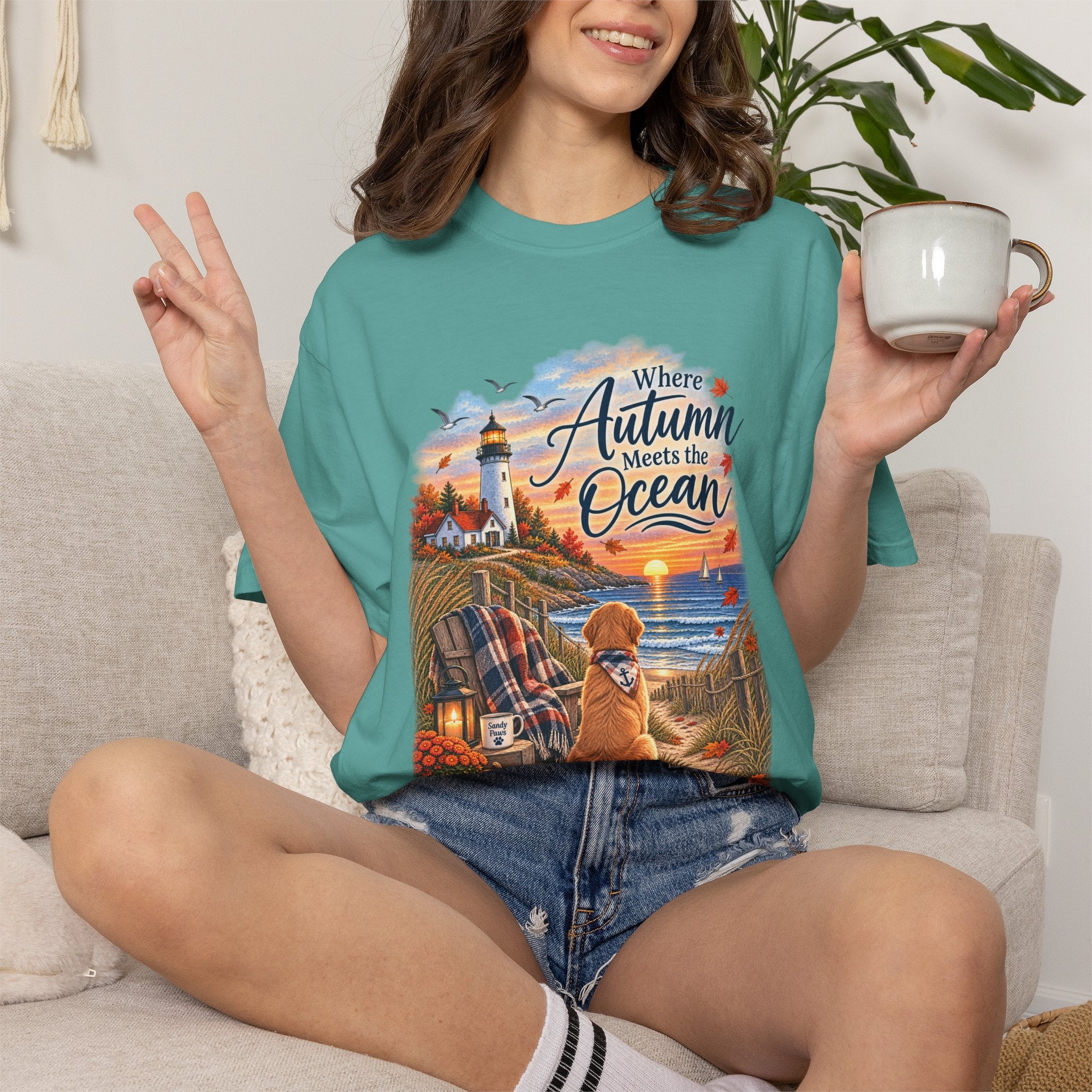 Autumn Meets the Ocean T-Shirt — Cozy Coastal Fall Tee with Golden Retriever
