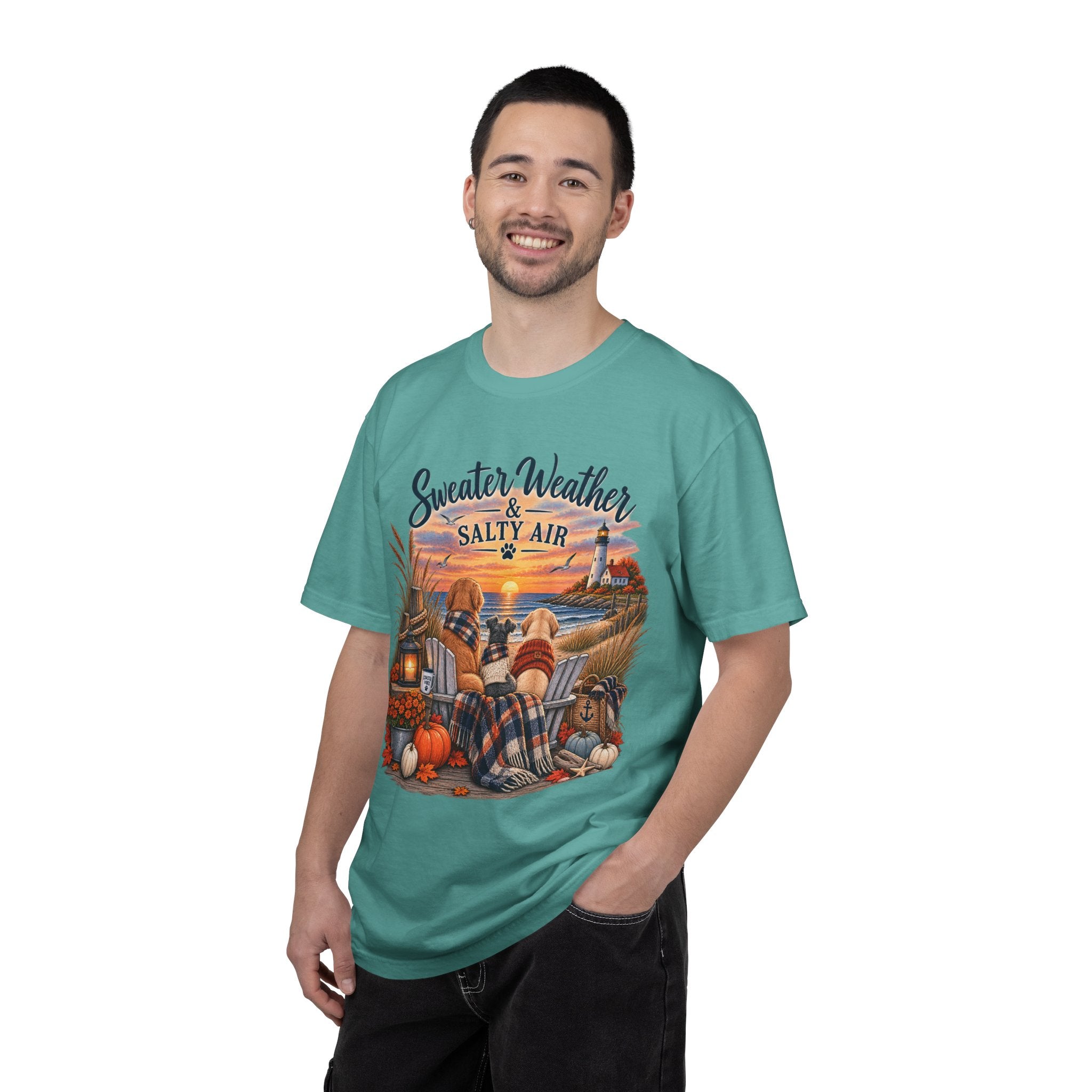 Sweater Weather & Salty Air T-Shirt — Autumn Beach Sunset Graphic Tee