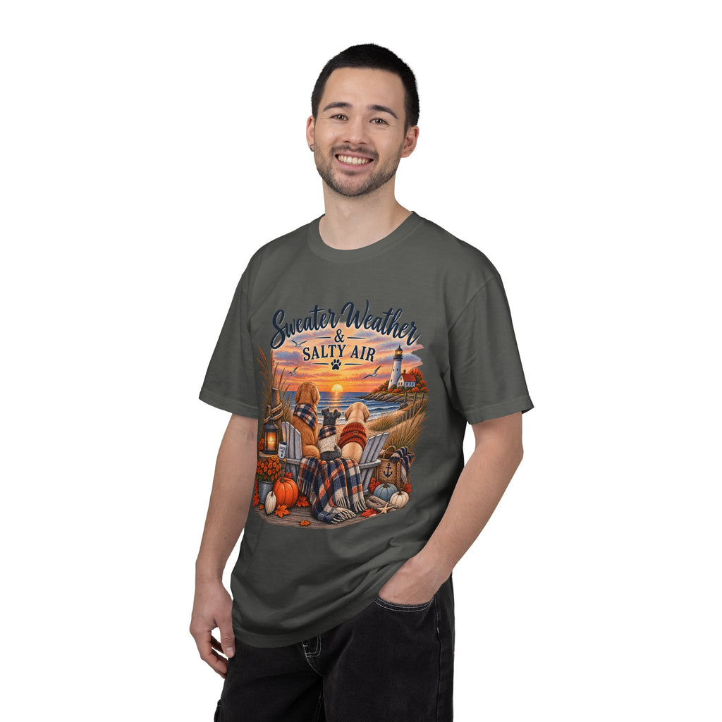 Sweater Weather & Salty Air T-Shirt — Autumn Beach Sunset Graphic Tee
