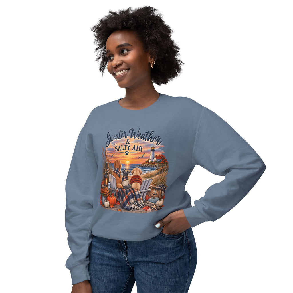 Sweater Weather & Salty Air Crewneck Sweatshirt — Coastal Fall Sunset Design