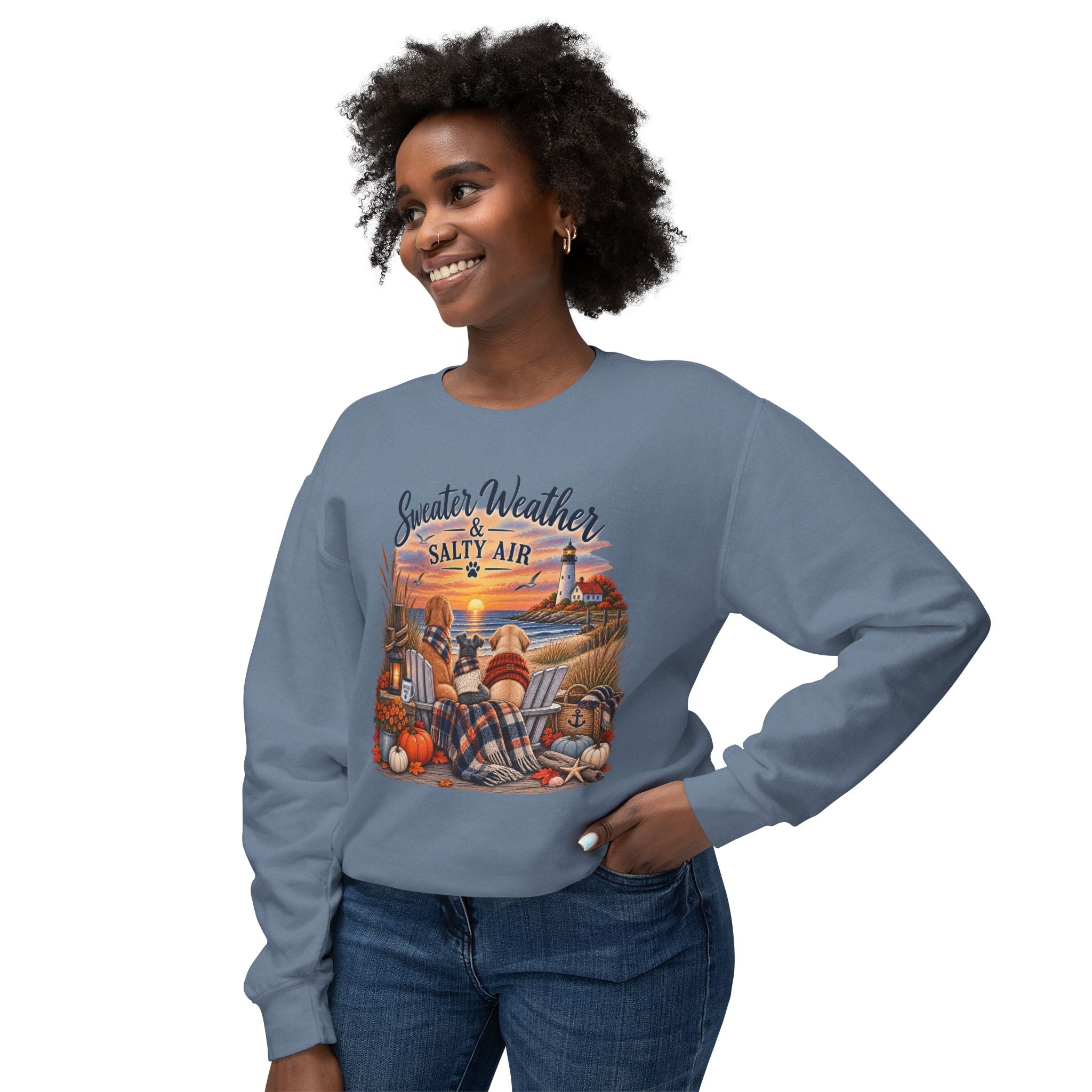 Sweater Weather & Salty Air Crewneck Sweatshirt — Coastal Fall Sunset Design