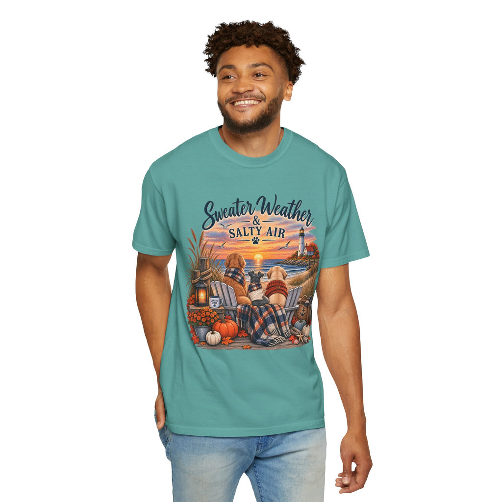 Sweater Weather & Salty Air T-Shirt — Autumn Beach Sunset Graphic Tee
