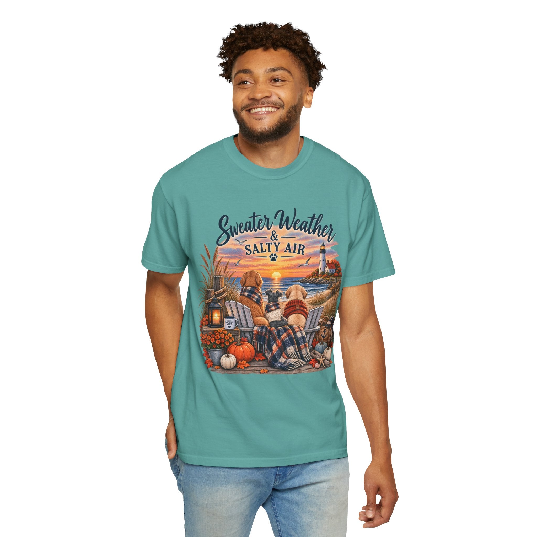 Sweater Weather & Salty Air T-Shirt — Autumn Beach Sunset Graphic Tee
