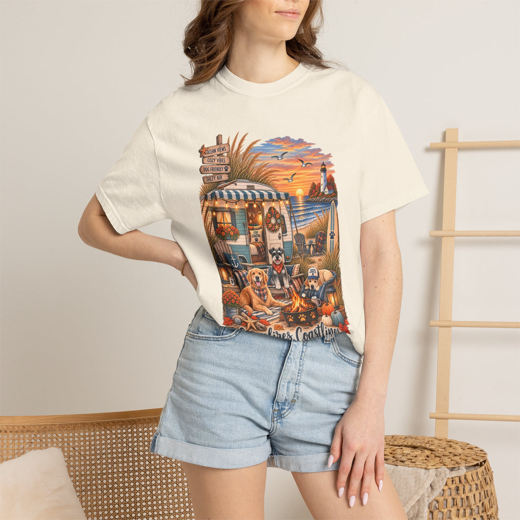 Campfires, Coastlines & Canines T-Shirt — Retro Camper Dog Camping Graphic Tee