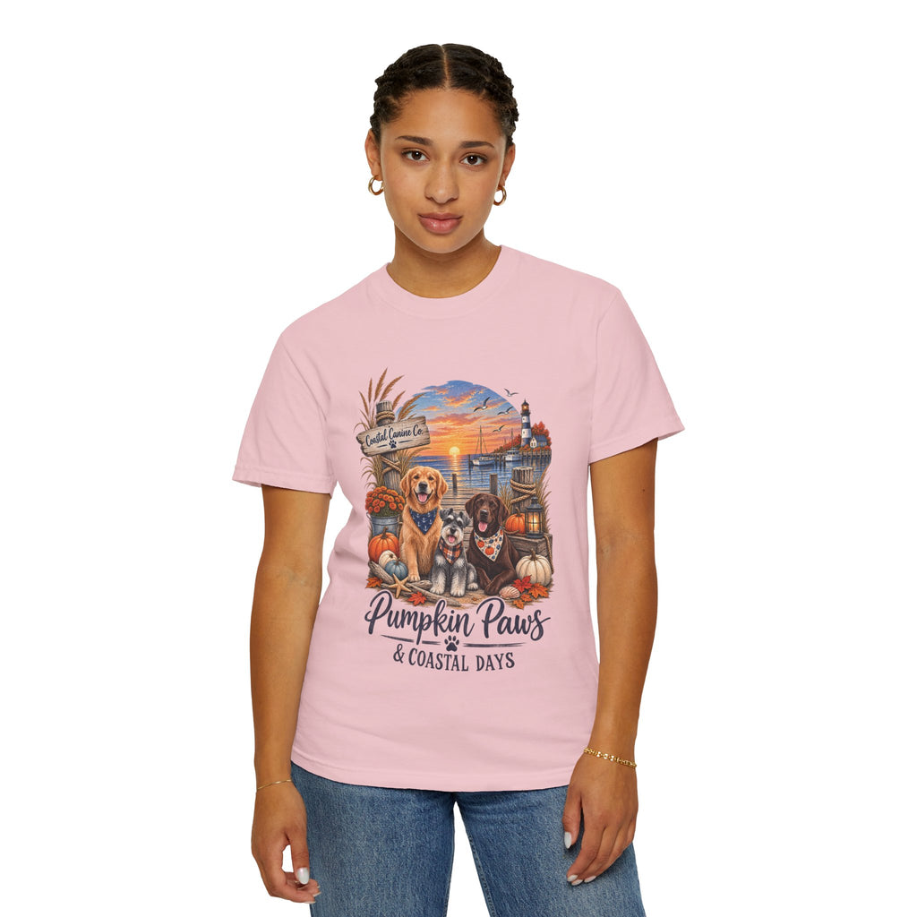 Pumpkin Paws & Coastal Days T-Shirt — Autumn Dogs by the Harbor