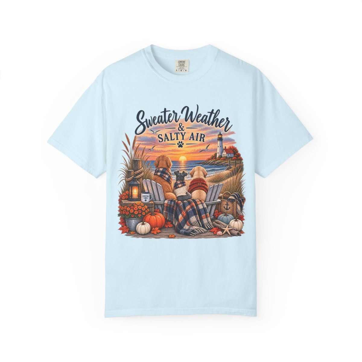 Sweater Weather & Salty Air T-Shirt — Autumn Beach Sunset Graphic Tee