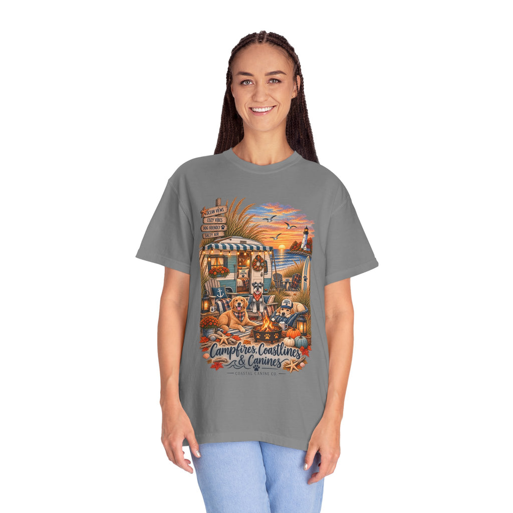 Campfires, Coastlines & Canines T-Shirt — Retro Camper Dog Camping Graphic Tee