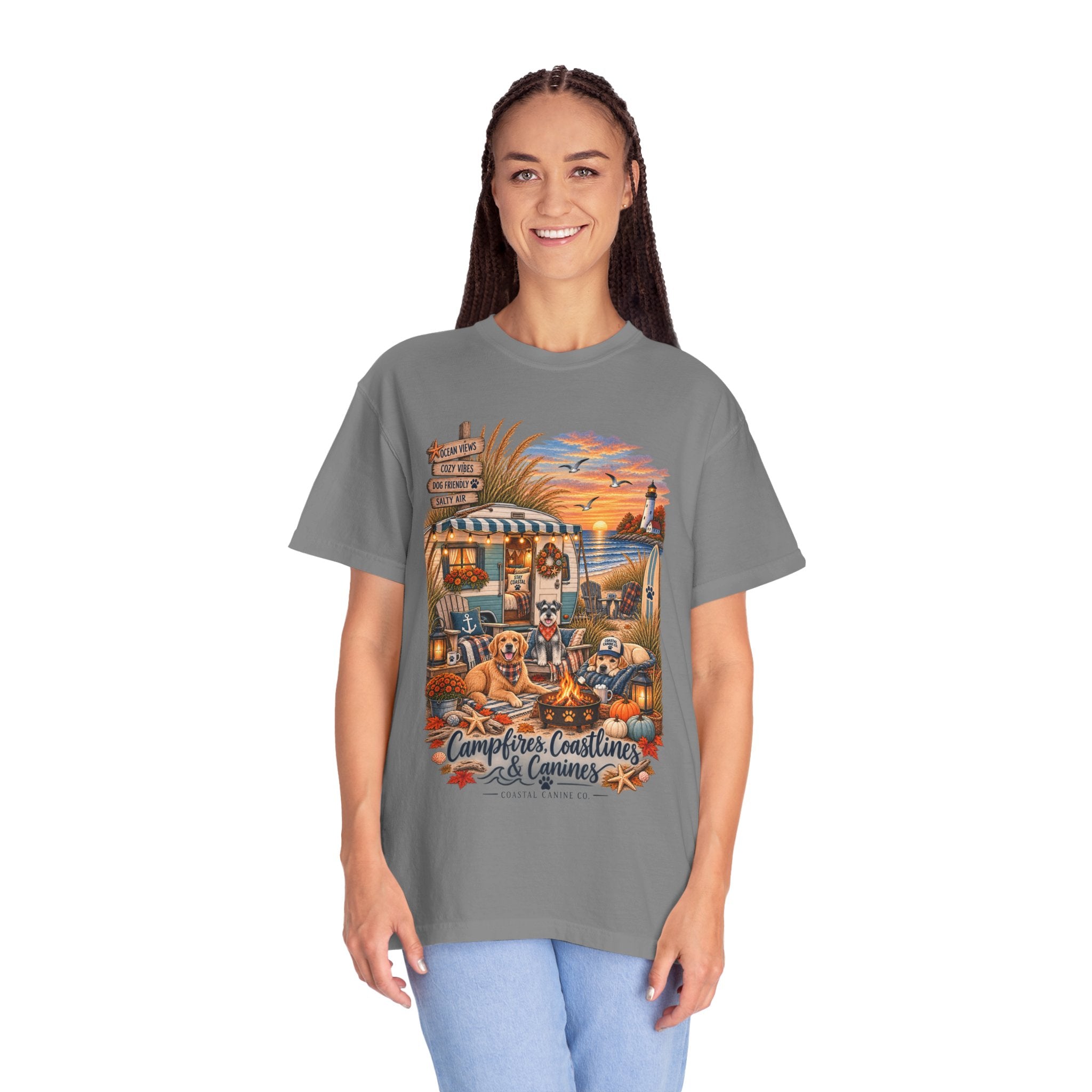Campfires, Coastlines & Canines T-Shirt — Retro Camper Dog Camping Graphic Tee