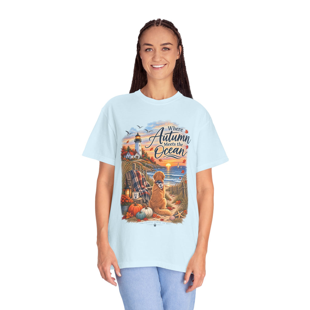 Autumn Meets the Ocean T-Shirt — Cozy Coastal Fall Tee with Golden Retriever