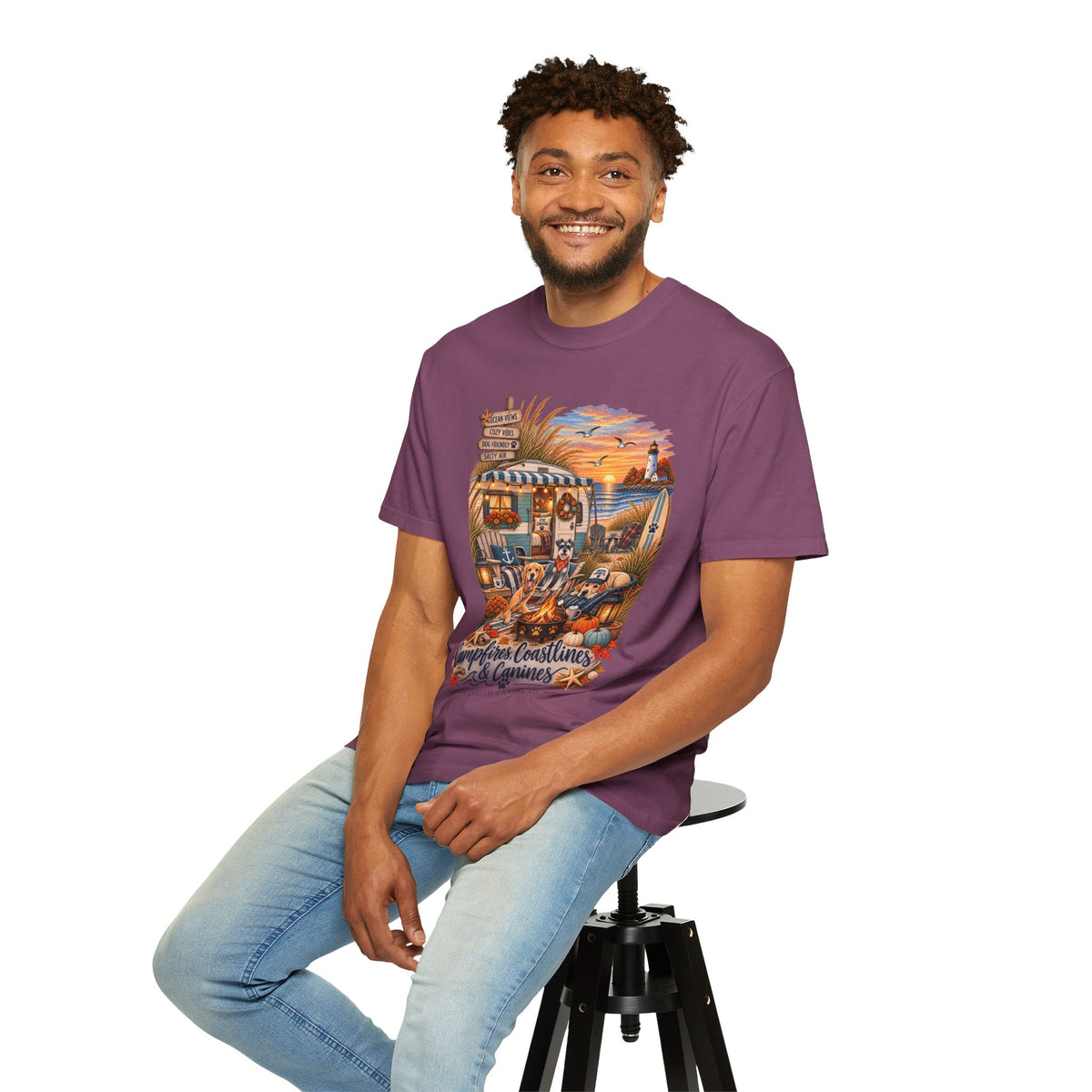 Campfires, Coastlines & Canines T-Shirt — Retro Camper Dog Camping Graphic Tee