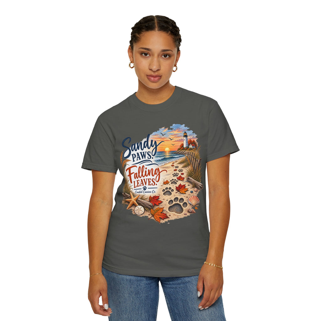 Sandy Paws Falling Leaves Beach T-Shirt — Autumn Coastal Dog Lover Tee