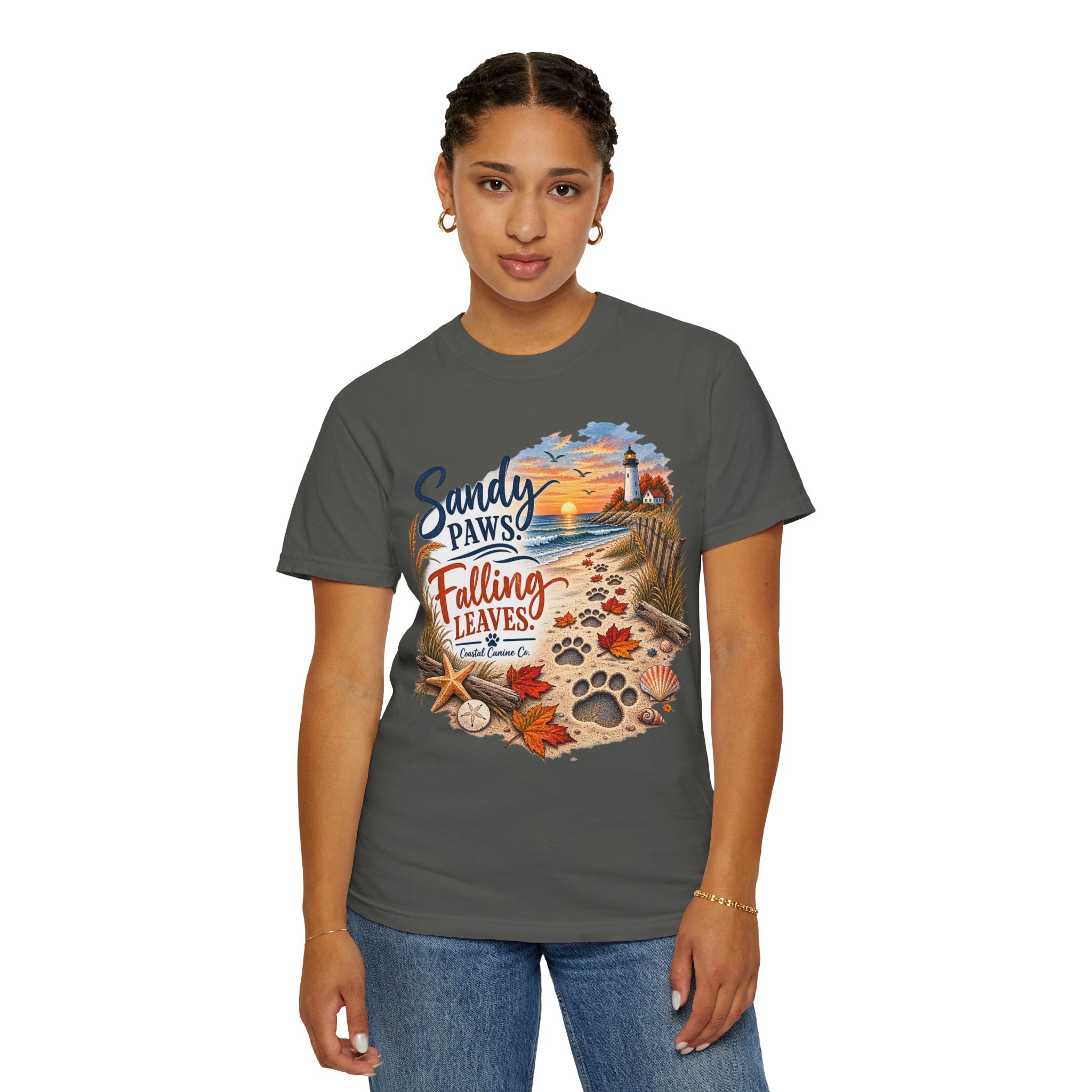 Sandy Paws Falling Leaves Beach T-Shirt — Autumn Coastal Dog Lover Tee