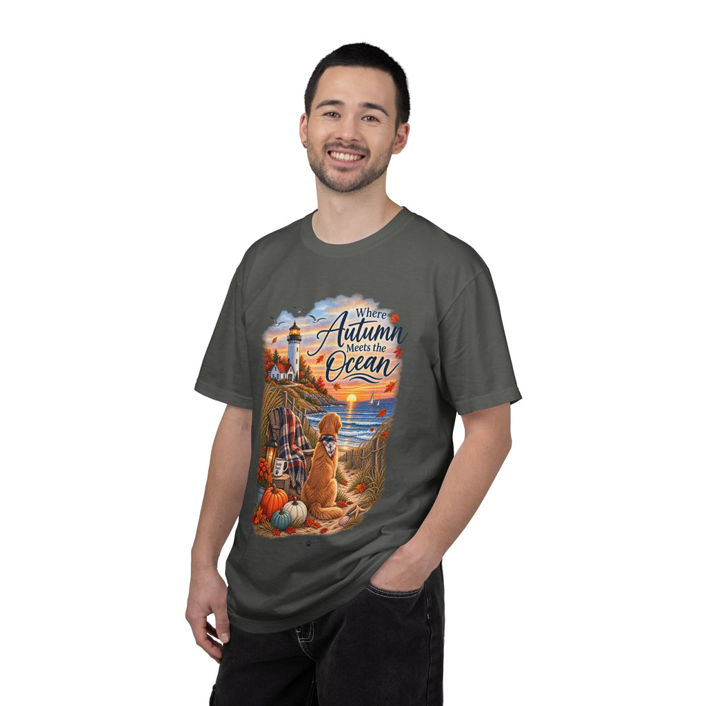 Autumn Meets the Ocean T-Shirt — Cozy Coastal Fall Tee with Golden Retriever