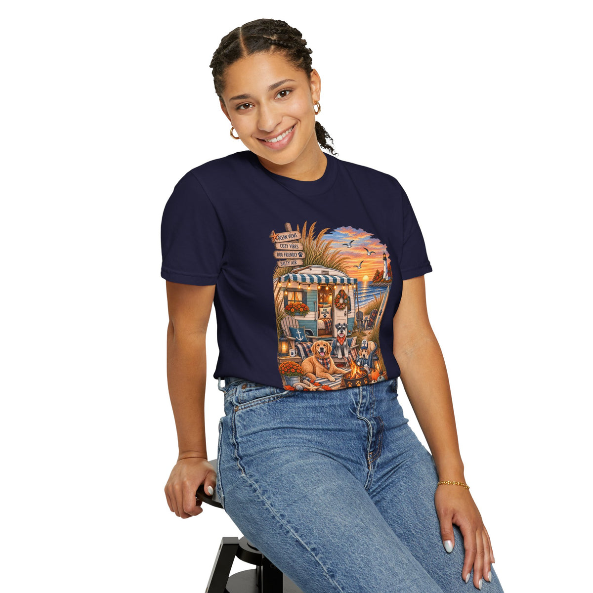 Campfires, Coastlines & Canines T-Shirt — Retro Camper Dog Camping Graphic Tee