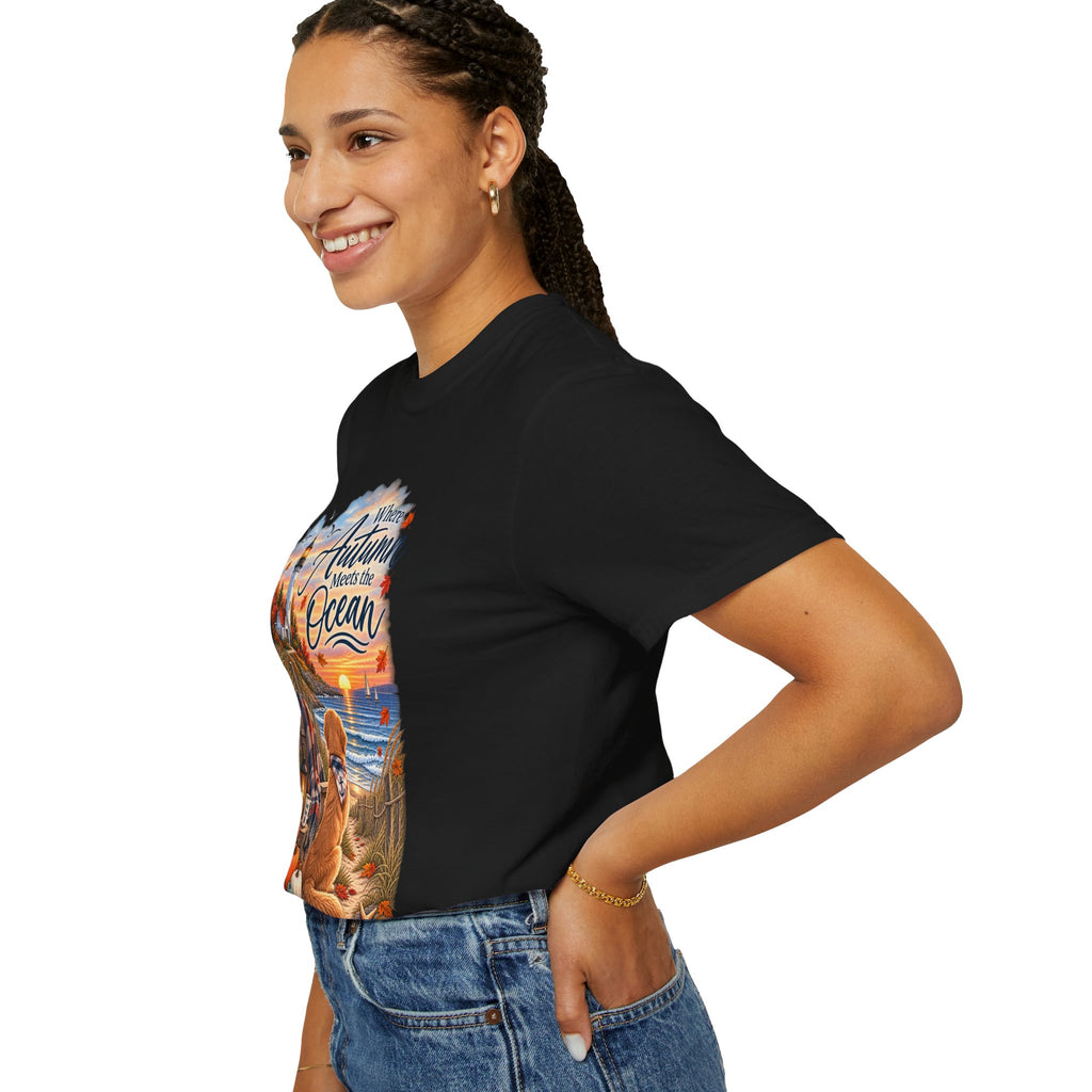 Autumn Meets the Ocean T-Shirt — Cozy Coastal Fall Tee with Golden Retriever