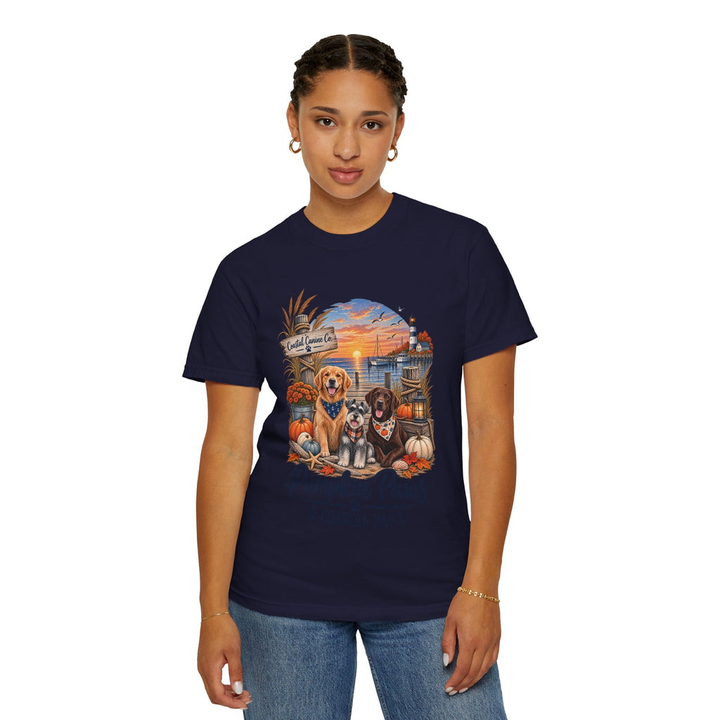 Pumpkin Paws & Coastal Days T-Shirt — Autumn Dogs by the Harbor