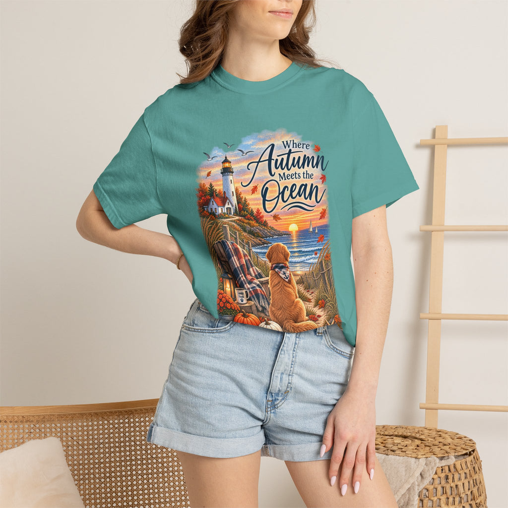 Autumn Meets the Ocean T-Shirt — Cozy Coastal Fall Tee with Golden Retriever