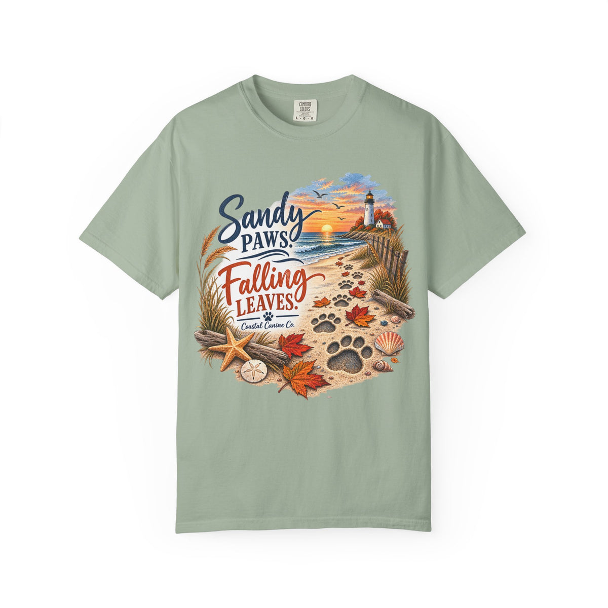 Sandy Paws Falling Leaves Beach T-Shirt — Autumn Coastal Dog Lover Tee