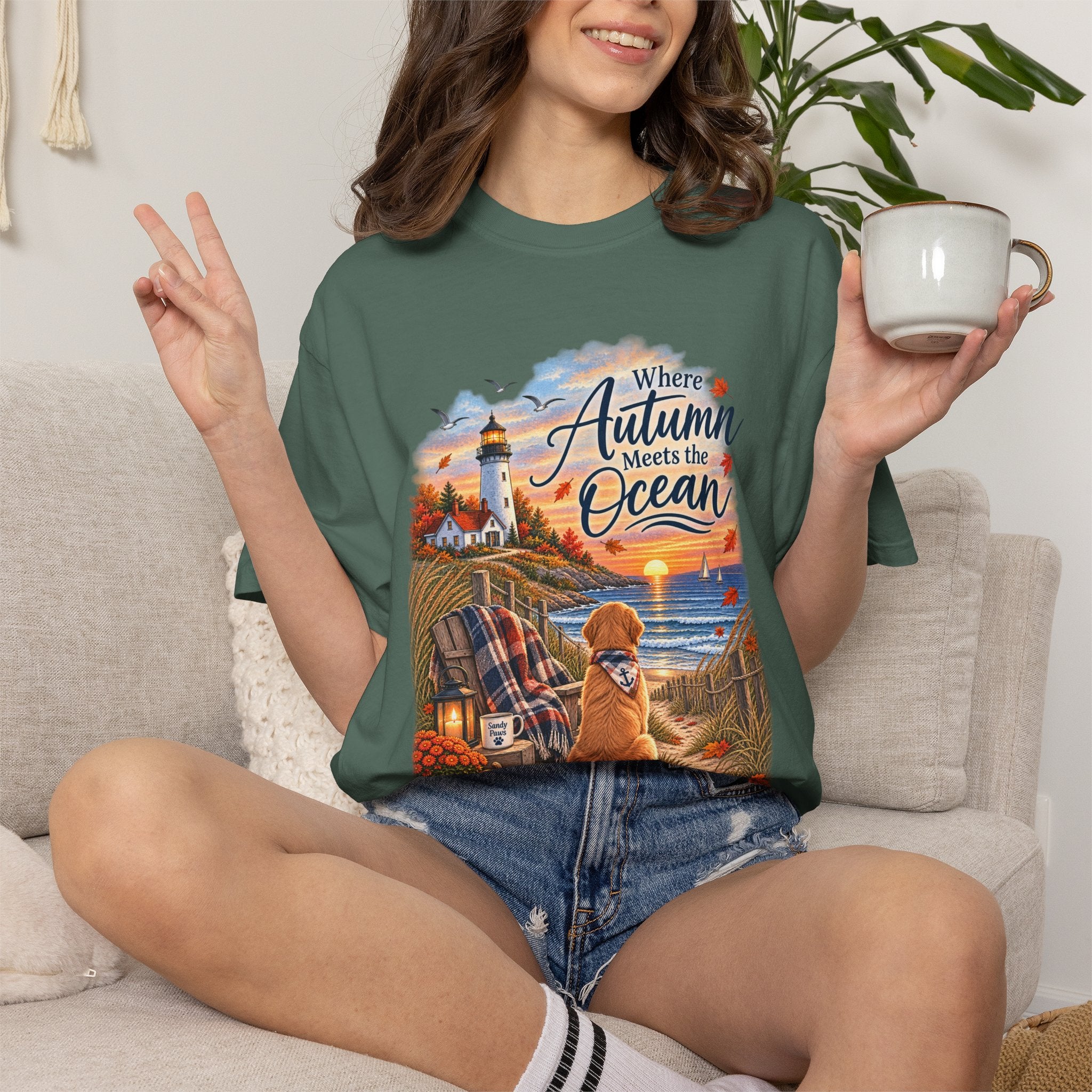 Autumn Meets the Ocean T-Shirt — Cozy Coastal Fall Tee with Golden Retriever