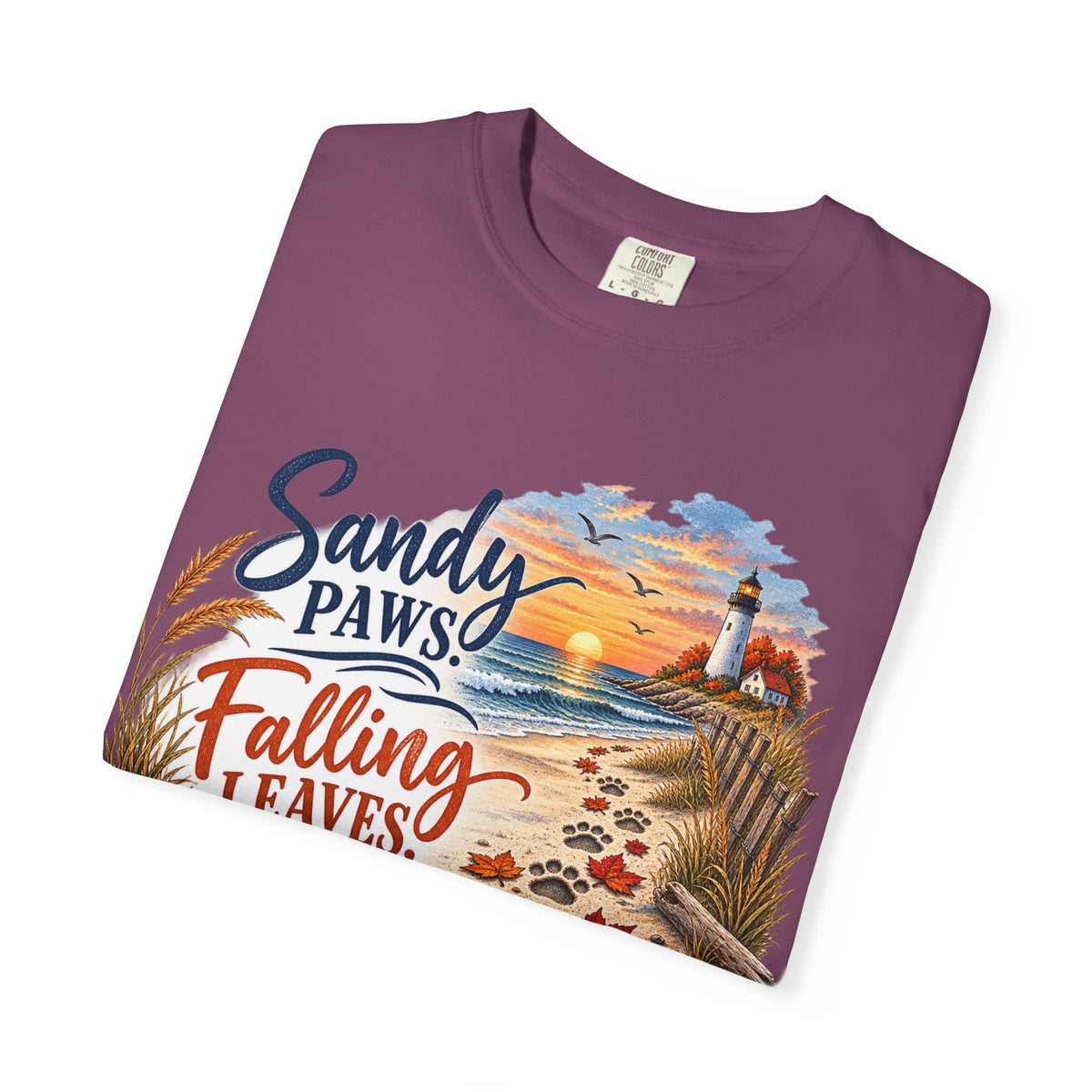 Sandy Paws Falling Leaves Beach T-Shirt — Autumn Coastal Dog Lover Tee
