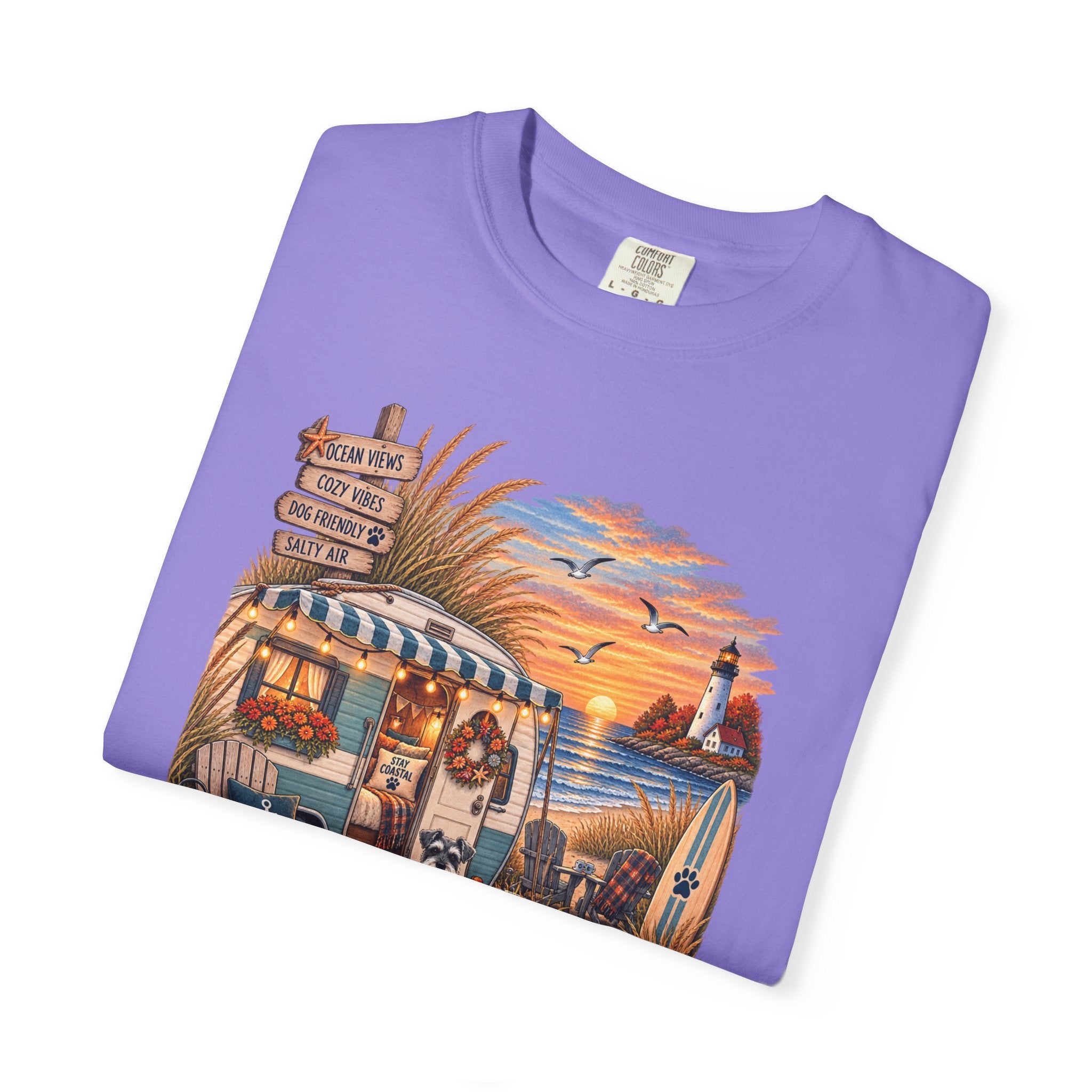 Campfires, Coastlines & Canines T-Shirt — Retro Camper Dog Camping Graphic Tee