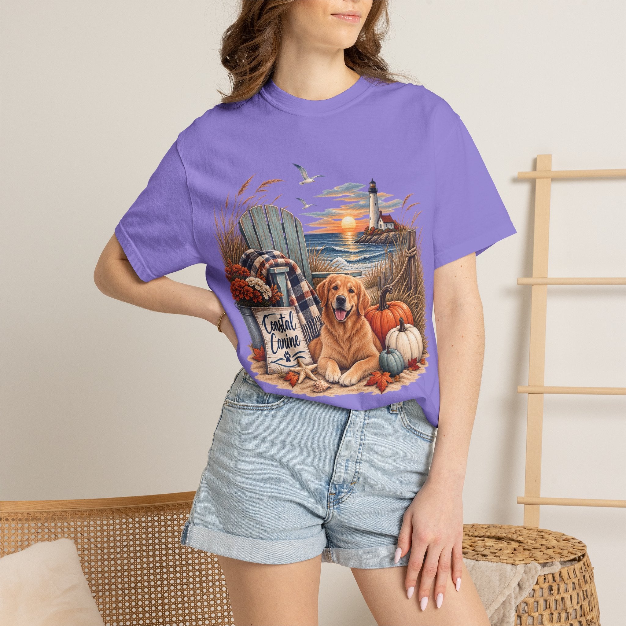 Coastal Canine Fall T-Shirt — Lighthouse, Labrador & Pumpkin Beach Tee